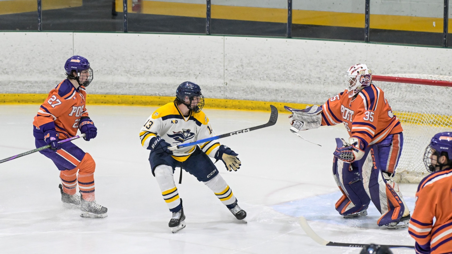 Kurt Watson of SNHU ice hockey looks to score in a recent game