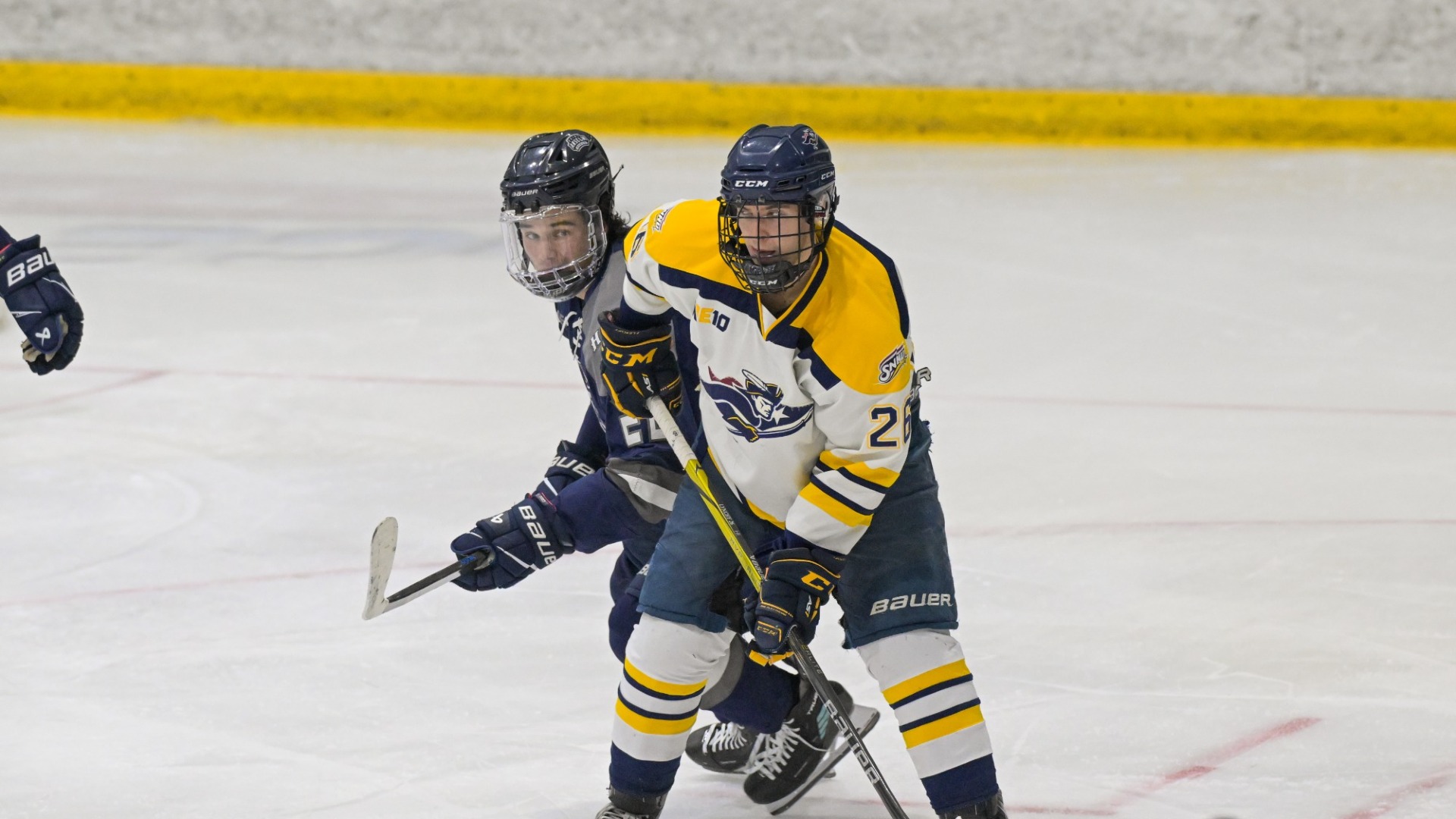 Brendan Lynch of ice hockey battles for position