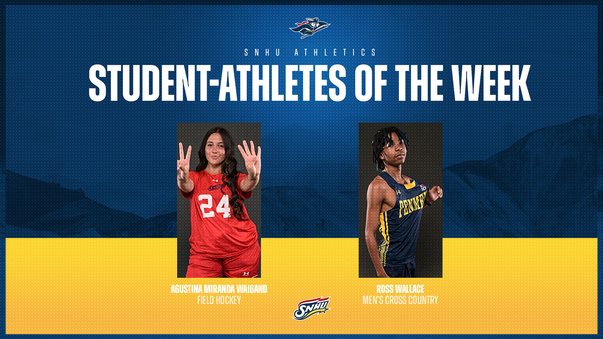 Agustina Miranda Waigand, field hockey, and Ross Wallace, men's cross country; SNHU Student-Athletes of the Week graphic