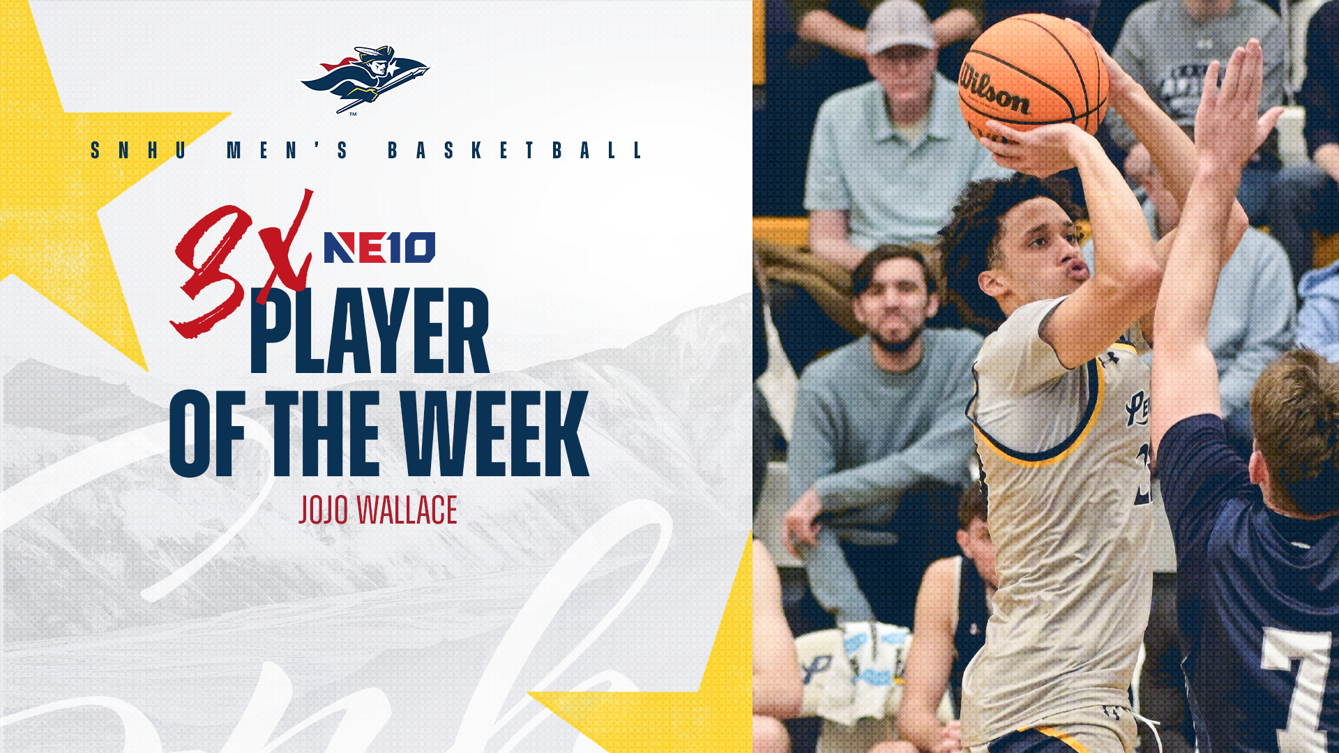 Jojo Wallace, three-time NE10 Men's Basketball Player of the Week graphic