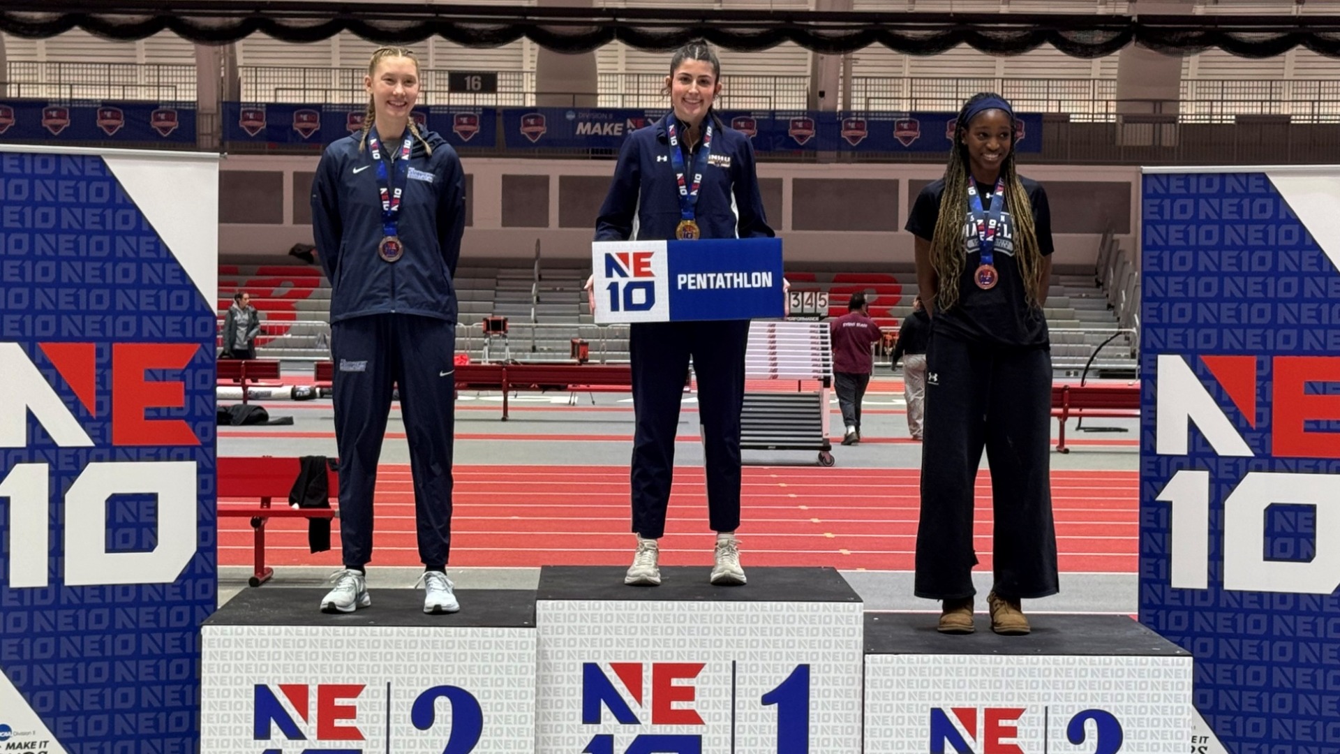 Podium shot of pentathlon winner Lindy Moreland