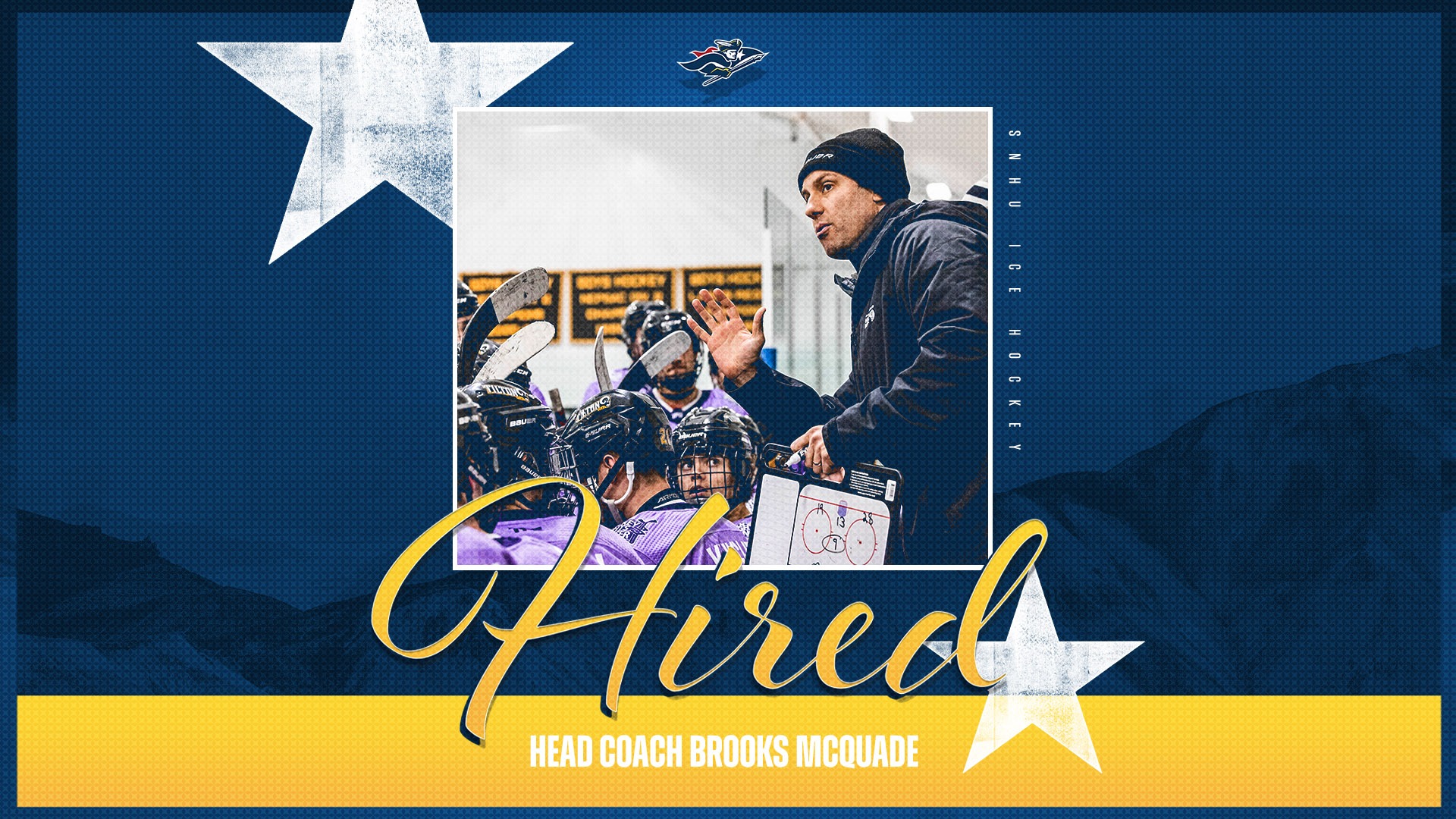Graphic indicating that Brooks McQuade has been hired as SNHU Ice Hockey Head Coach