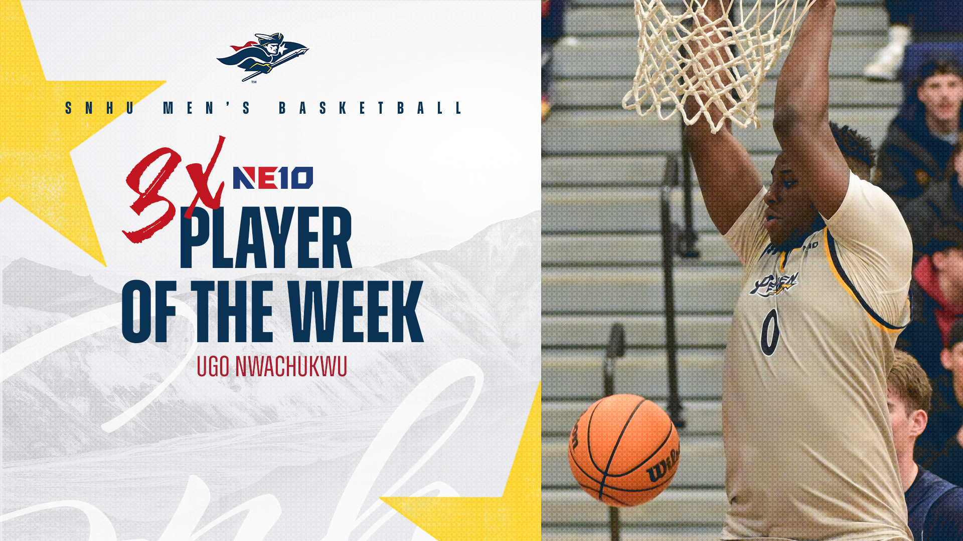 Ugo Nwachukwu, three-time NE10 Men's Basketball Player of the Week graphic