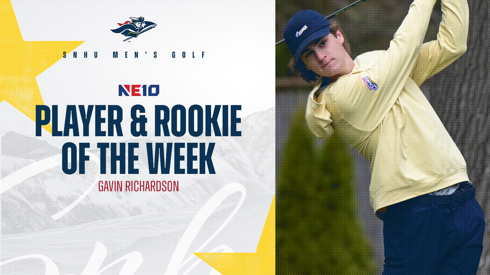 SNHU men's golf; Gavin Richardson, NE10 Player & Rookie of the Week graphic
