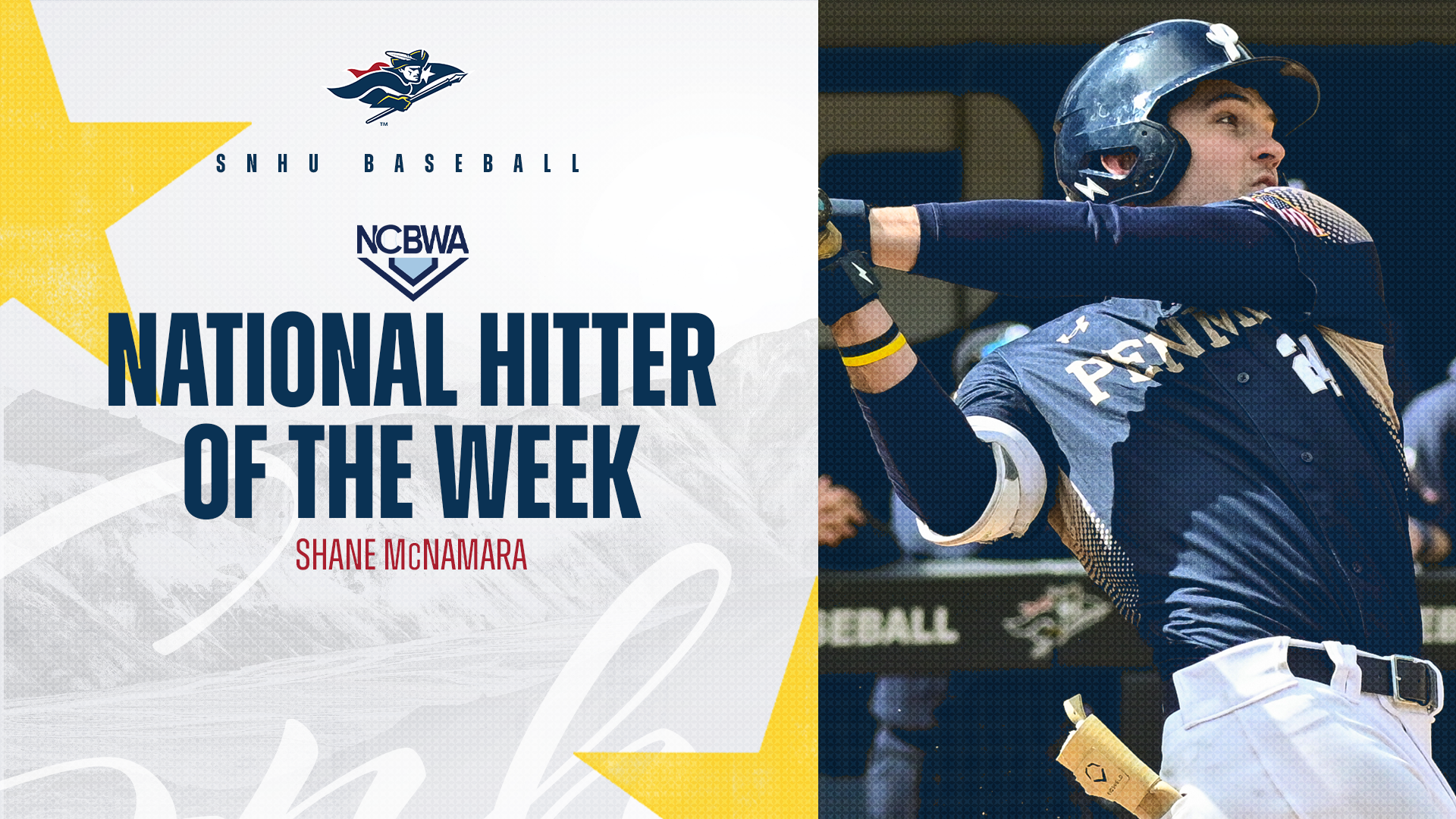 SNHU baseball; Shane McNamara, NCBWA National Hitter of the Week graphic