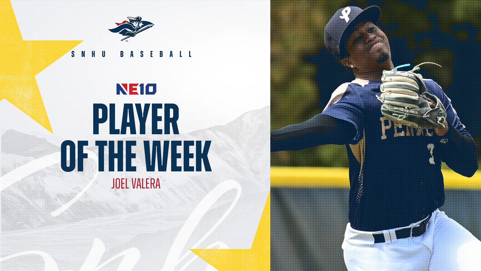 SNHU baseball; Joel Valera, NE10 Player of the Week graphic
