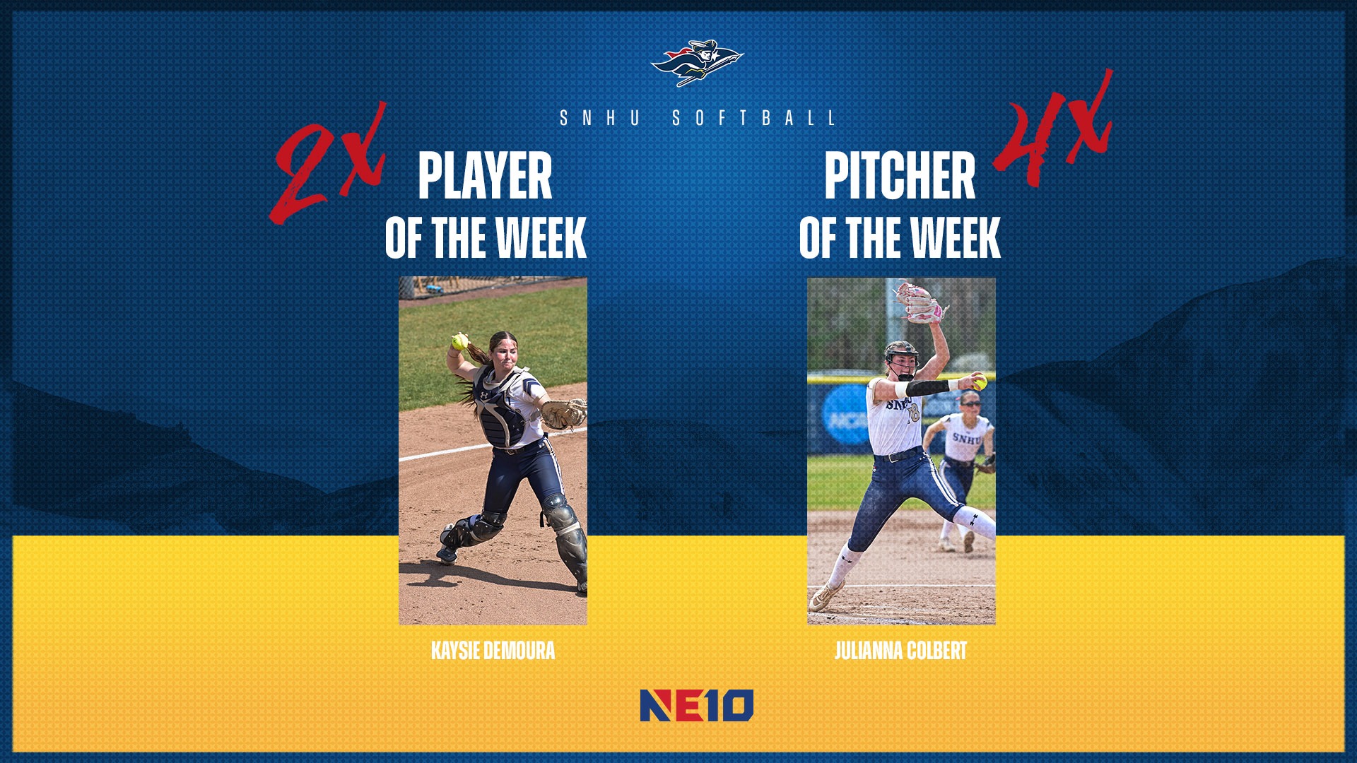 Kaysie DeMoura named NE10 Player of the Week and Julianna Colbert named NE10 Pitcher of the Week