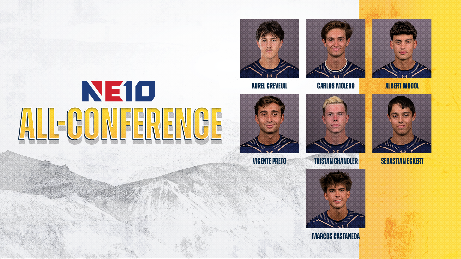 SNHU men's tennis; Aurel Creveuil, Carlos Molero, Albert Modol, Vicente Preto, Tristan Chandler, Sebastian Eckert and Marcos Castaneda; NE10 All-Conference graphic