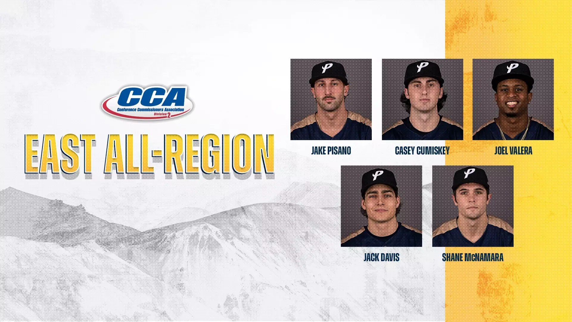 SNHU baseball; Jake Pisano, Casey Cumiskey, Joel Valera, Jack Davis and Shane McNamara, D2CCA East All-Region graphic