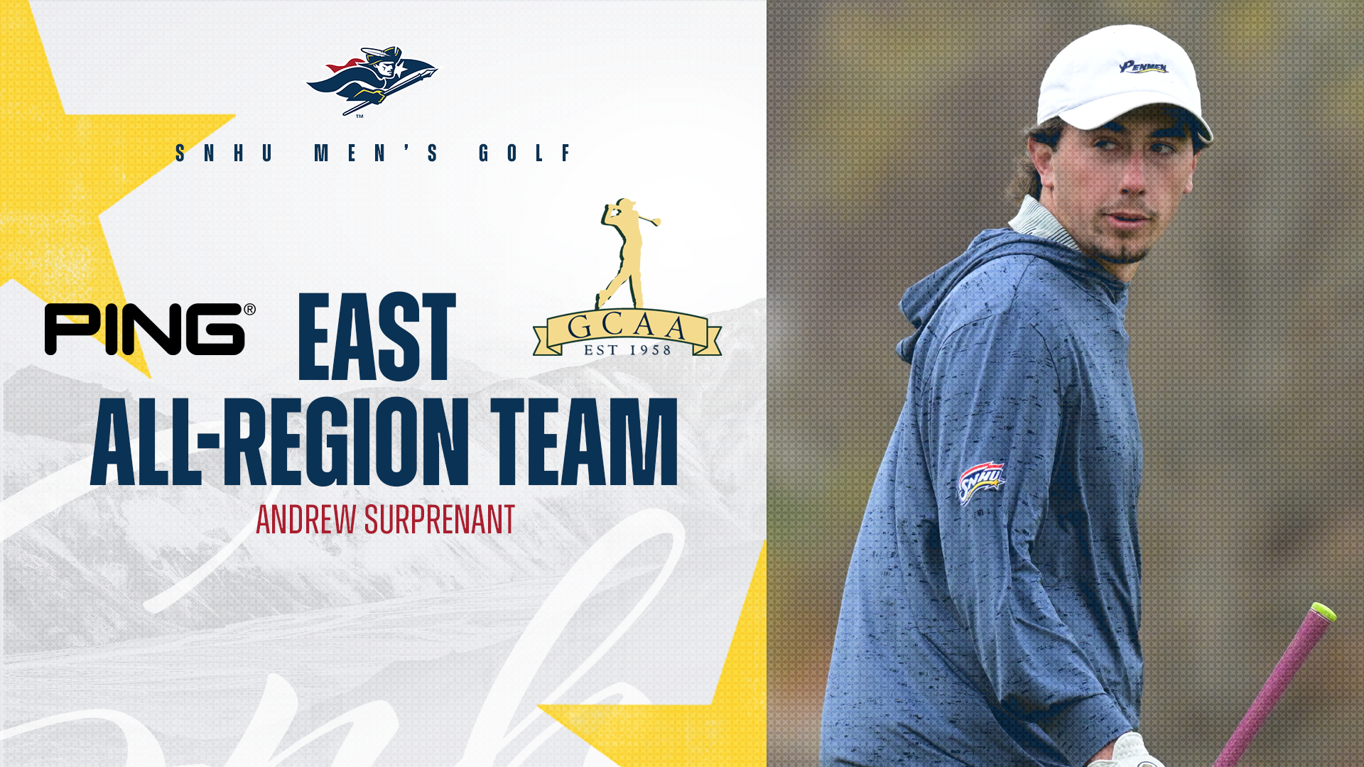 SNHU men's golf; Andrew Surprenant, GCAA PING East All-Region graphic