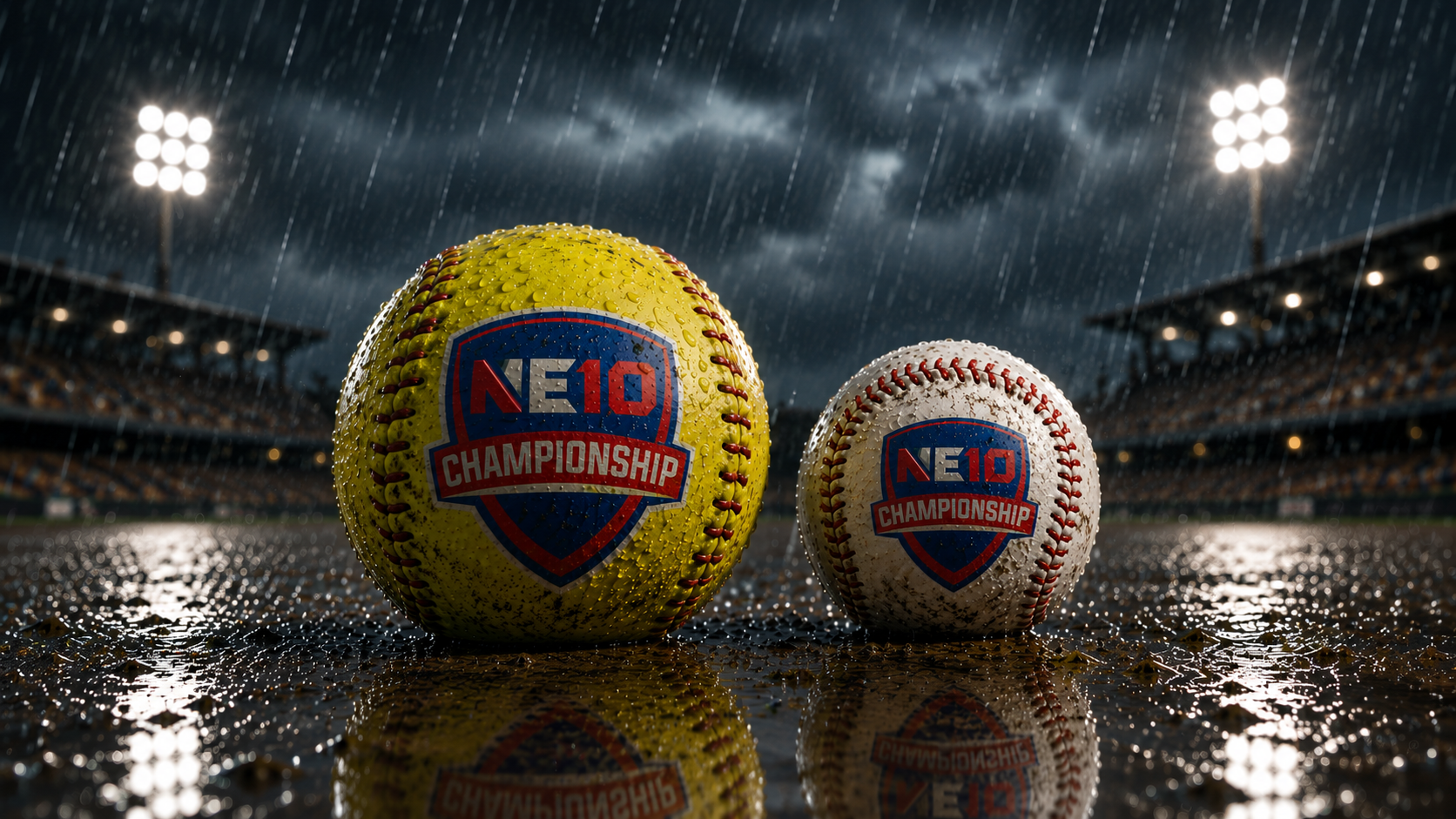 a baseball and softball in the rain with the NE10 Championship logos on them