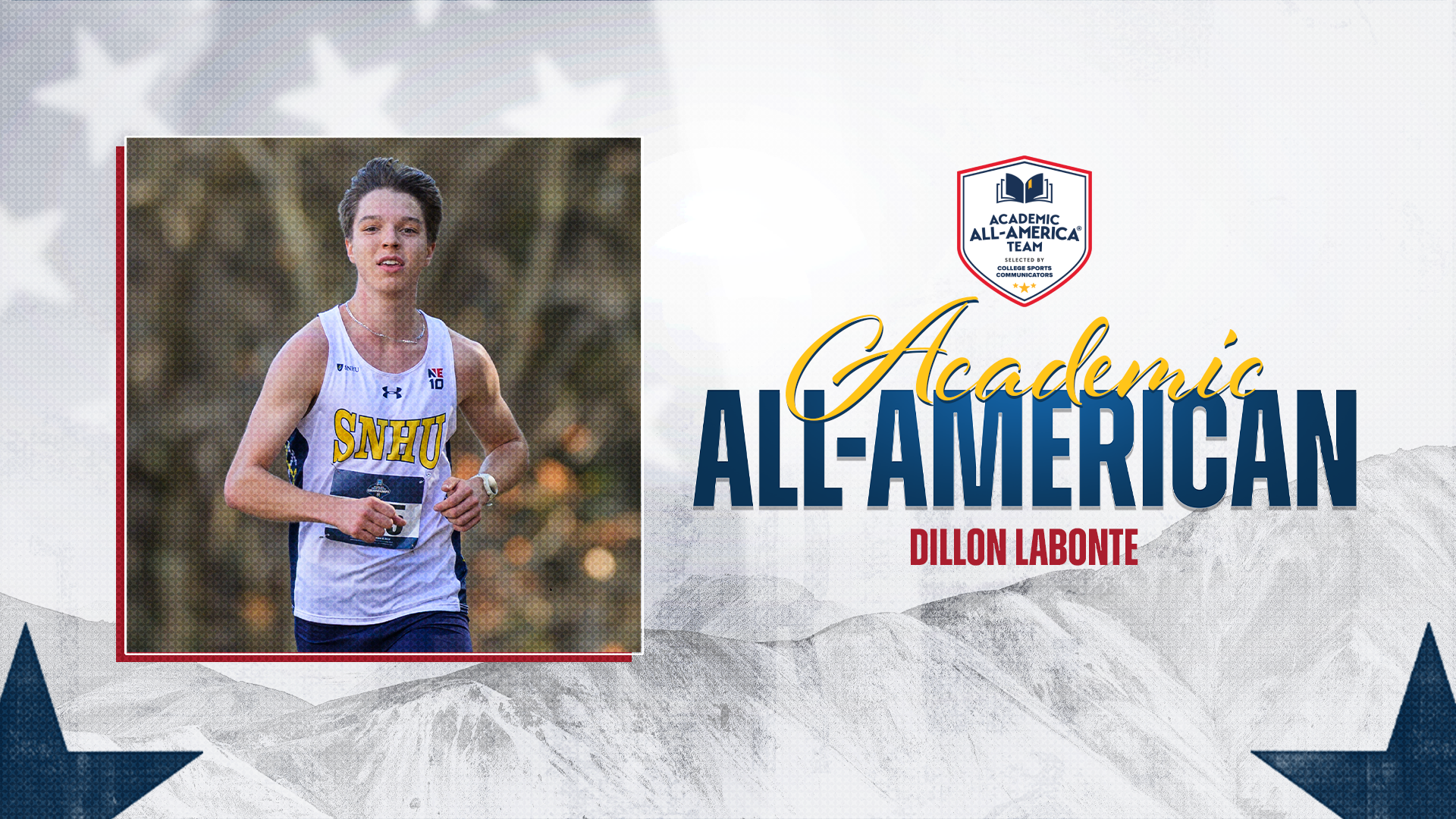 SNHU men's cross country; Dillon Labonte, CSC Academic All-America graphic