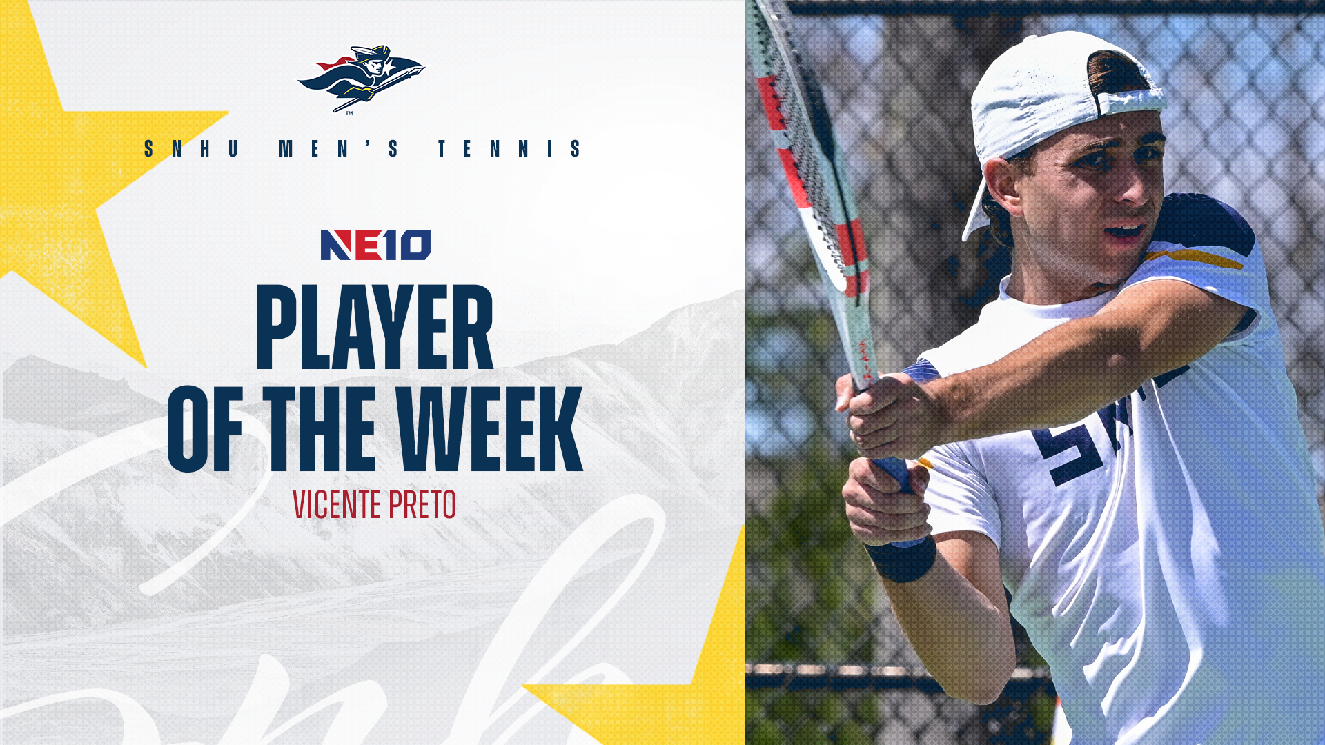 SNHU men's tennis; Vicente Preto, NE10 Player of the Week graphic