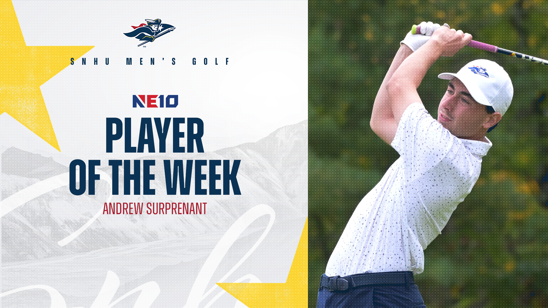 SNHU men's golf; Andrew Surprenant, NE10 Player of the Week graphic