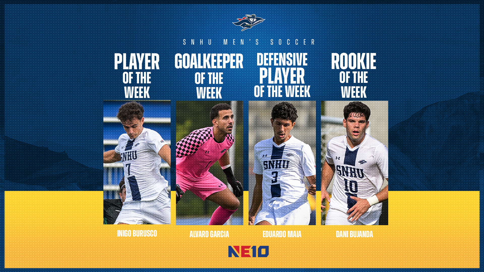 SNHU men's soccer; Inigo Burusco, NE10 Player of the Week, Alvaro Garcia, NE10 Goalkeeper of the Week, Eduardo Maia, NE10 Defensive Player of the Week, Dani Bujanda, NE10 Rookie of the Week graphic