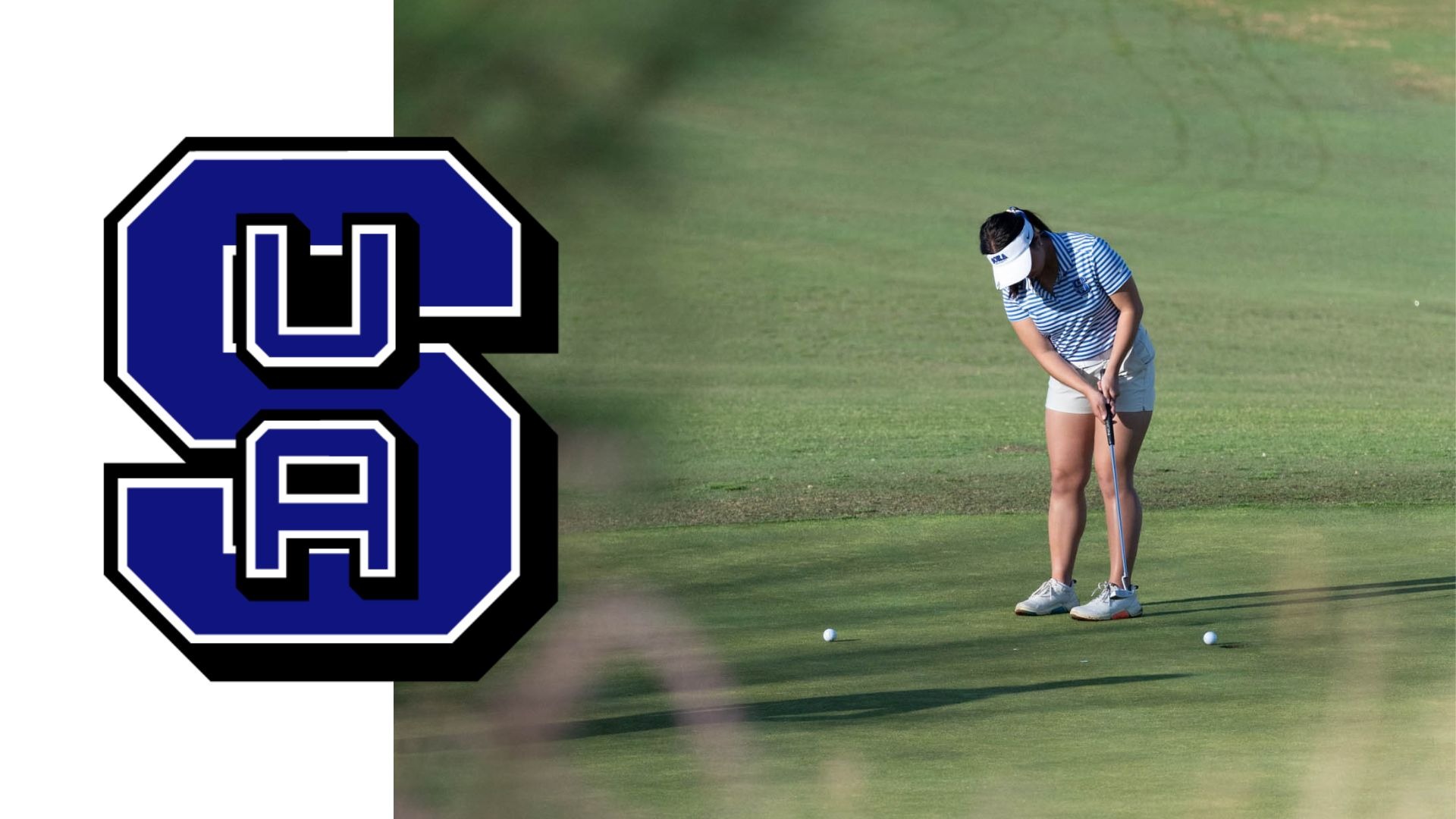 Linnea putting on the green with SUA logo