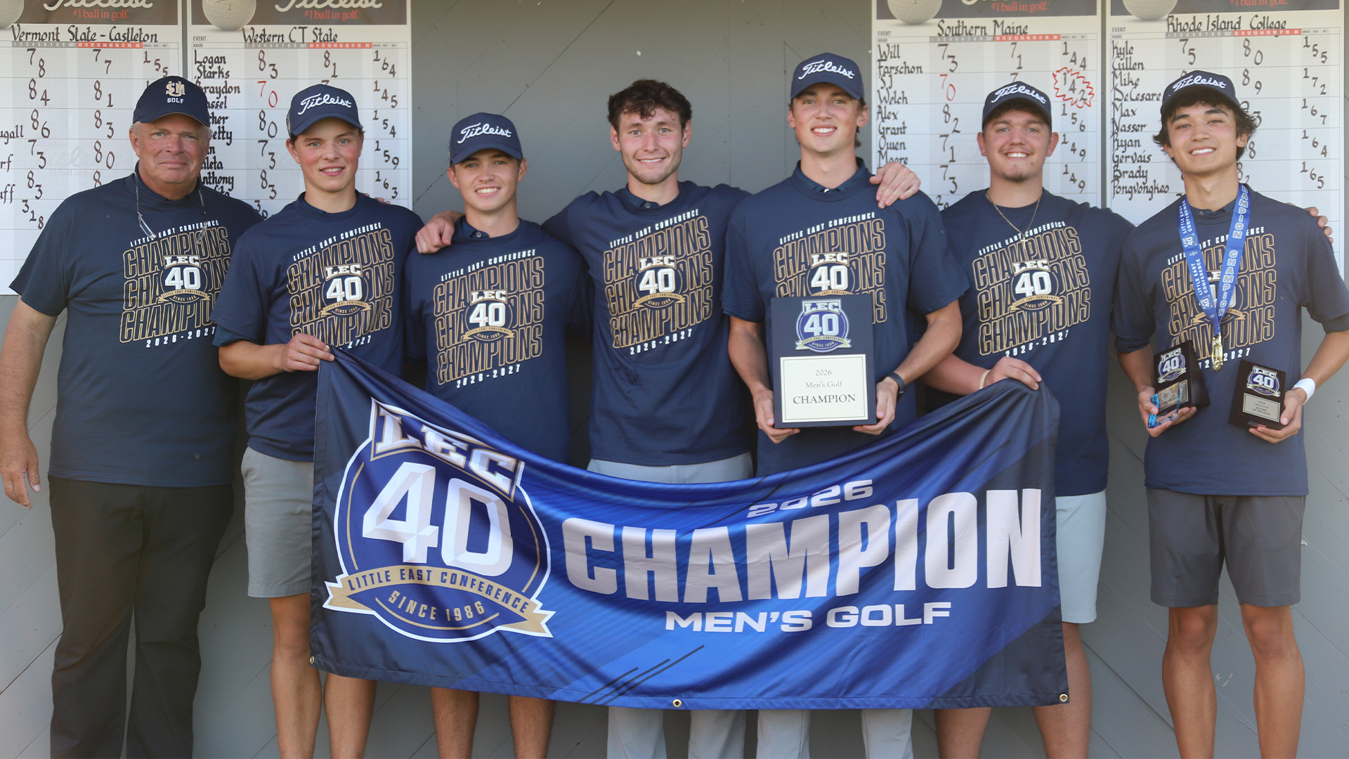 Southern Maine Men's Golf Team with 2026 LEC Championship Banner