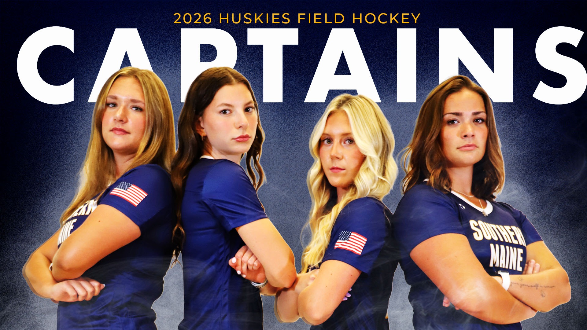 2026 USM Field Hockey Captains: Leah Thibodeau, Dylan Barr, Julia Elie, and Bri Townsend posing back-to-back