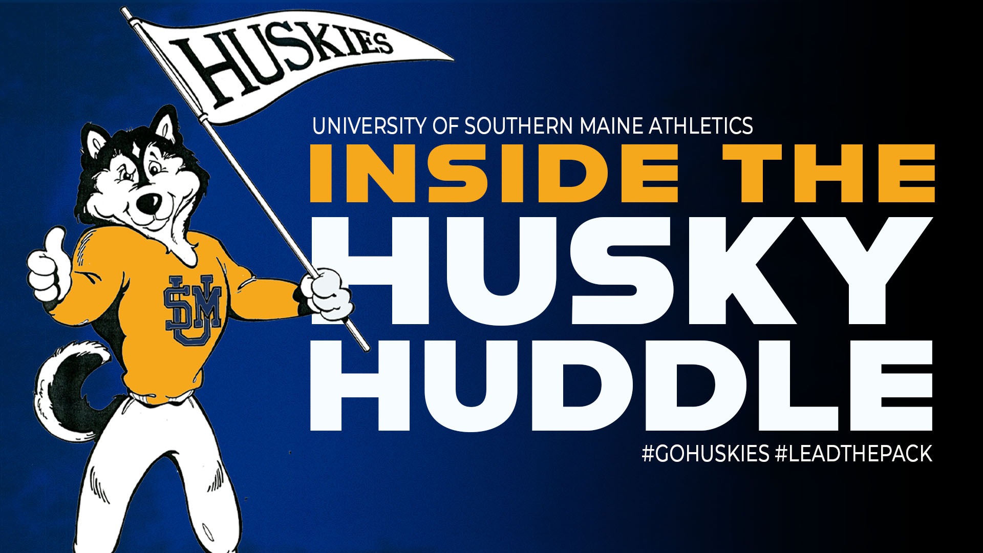 Inside the Husky Huddle Story Header: Text plus cartoon dog holding Huskies' Pennant