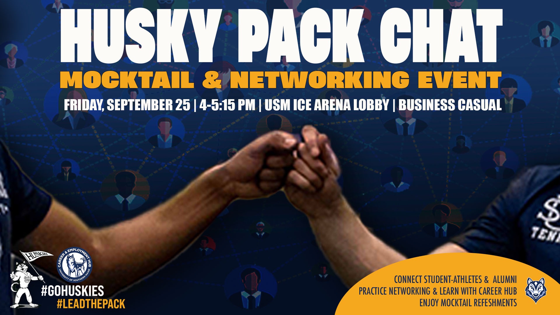Mocktail and Networking Event 2026: Two hands fist bumping with text announcing Mocktail event on Friday, September 25
