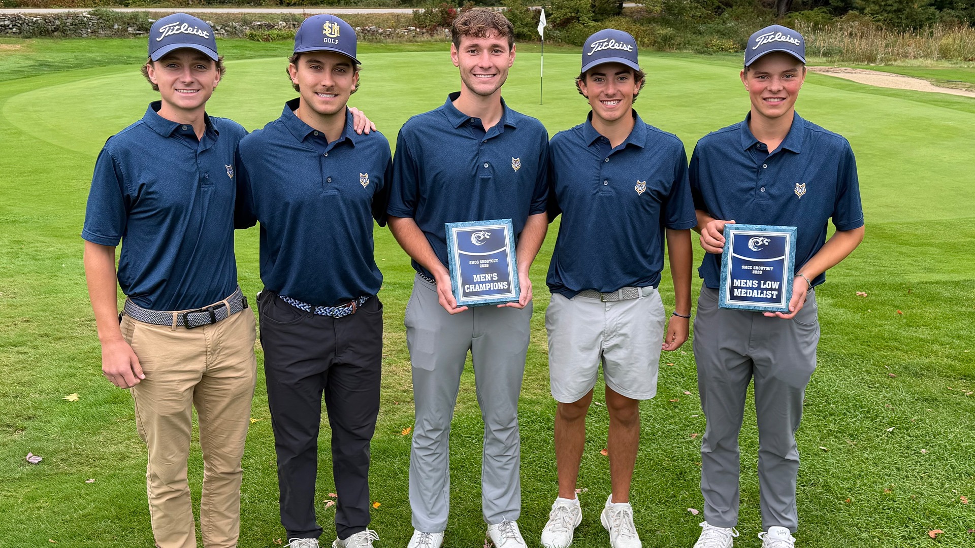 Southern Maine Men's Golf Team with SMCC Seawolf Shootout Trophies