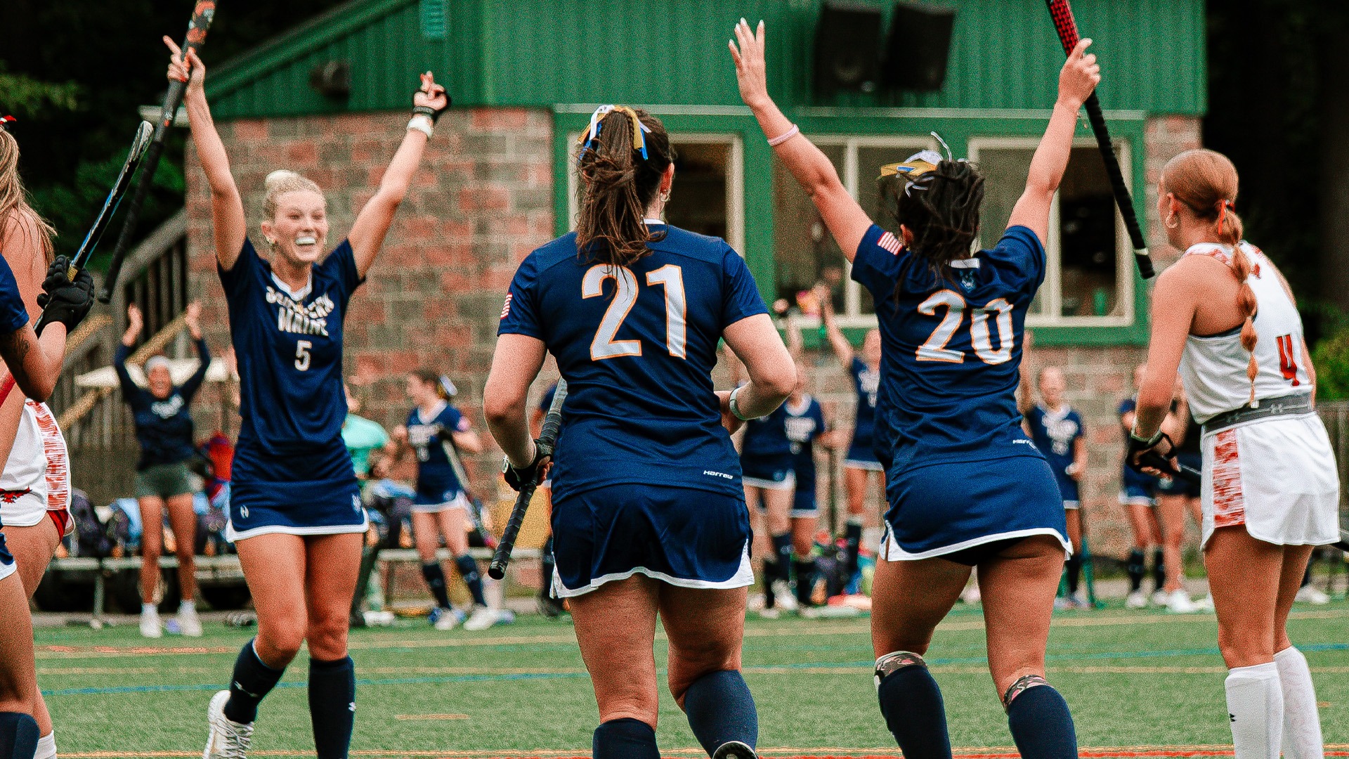 Goal celebration by USM Field Hockey in win over Hartford