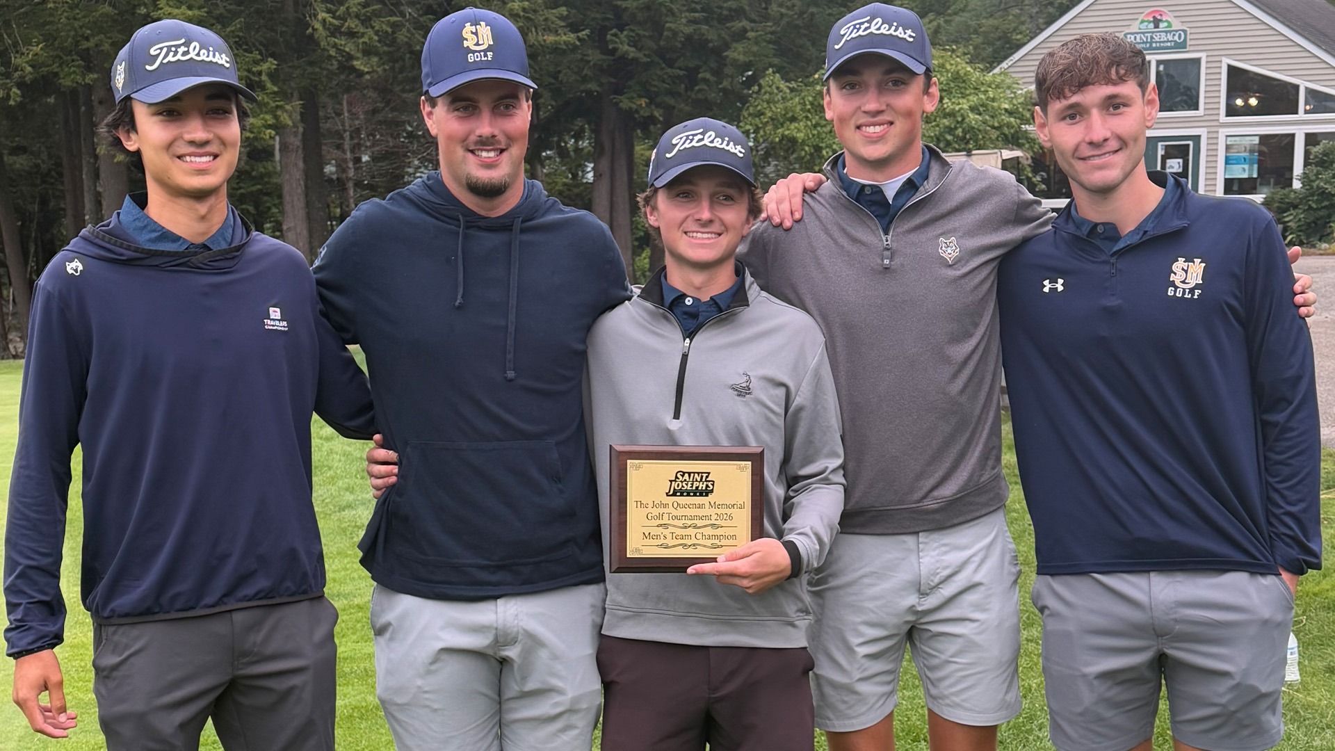 SJ Welch, Quinn Dillon, Will Farschon, Jaden Poirier and Alex Fournier with 2026 Queenan Invite Plaque
