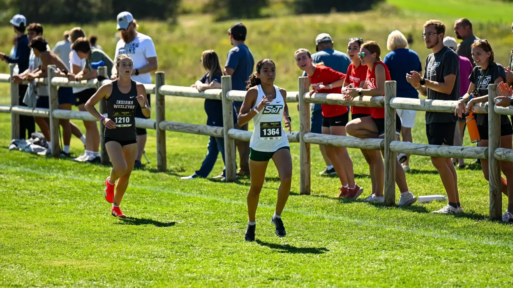 Grace Echevarria of S&T cross country photographed running in stride during a meet at Gans Creek. She is wearing a white top with green shorts.