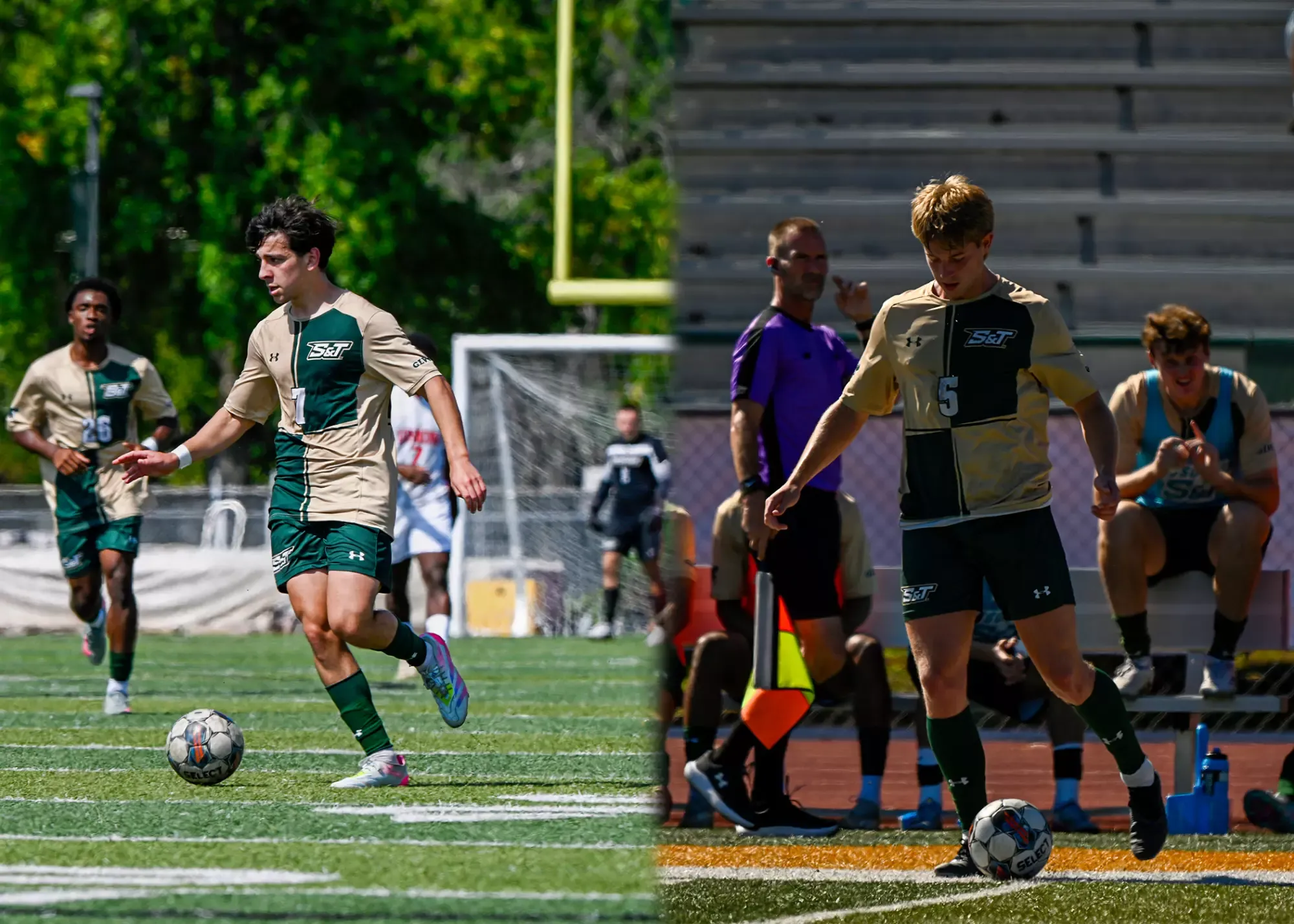 Composite image of Men's soccer's Joao Vieria and Caden Archer. Both athletes are photographed mid-dribble with the soccer ball at their feel while wearing a green and gold checkered top with green shorts