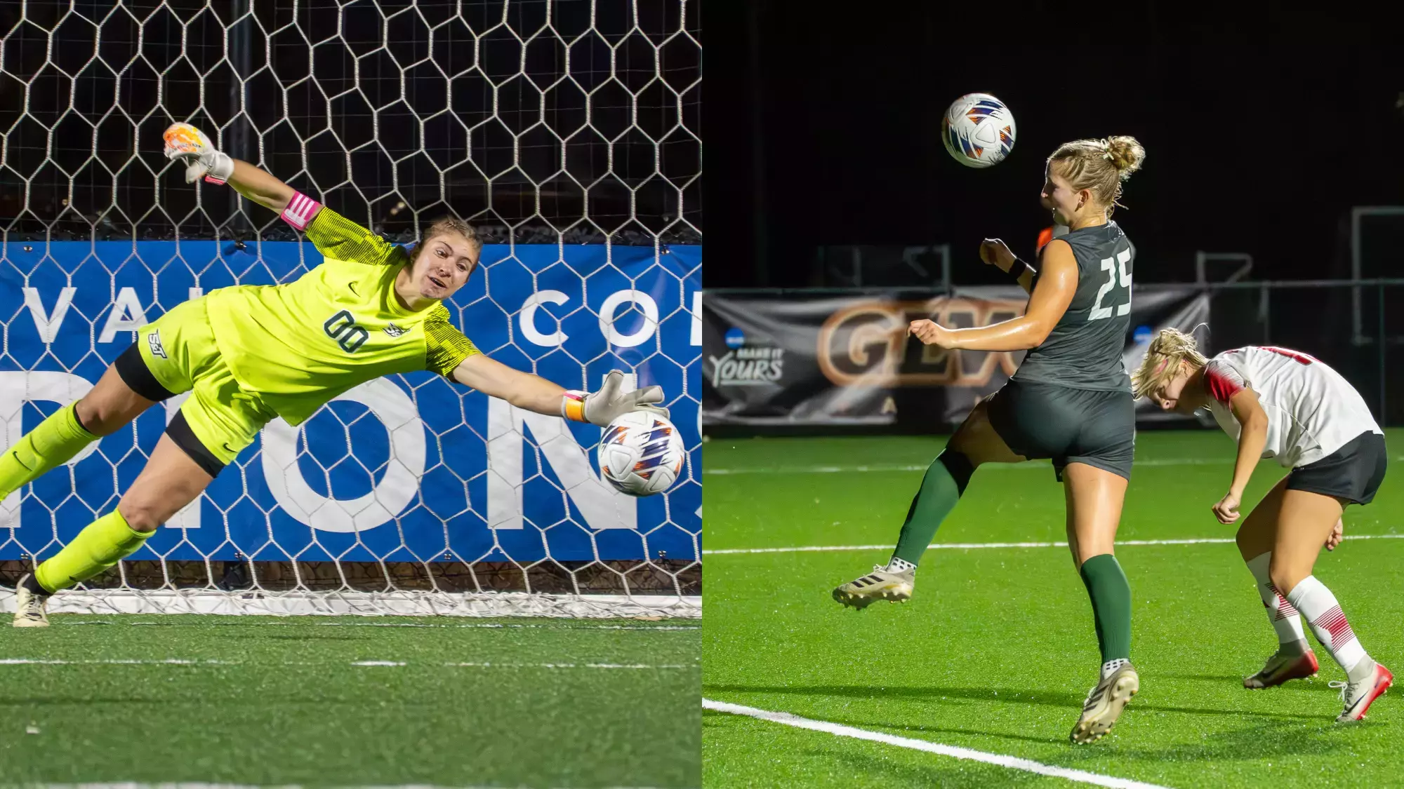 Composite image of Asia Barcom, goalkeeper wearing a neon green jersey (00) attempting a save & Grace Kohler wearing a dark green jersey (25)