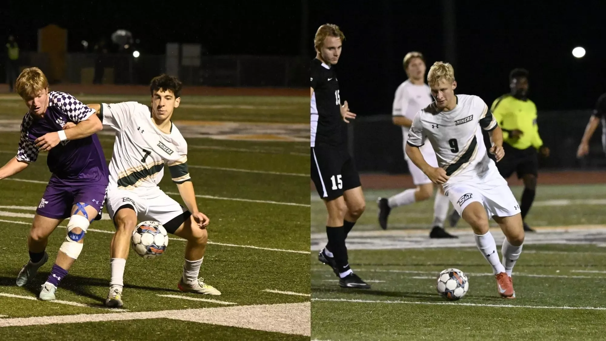 Joao Vieira on the left fielding a soccer ball and Mike Banasik on the right dribbling the soccer ball