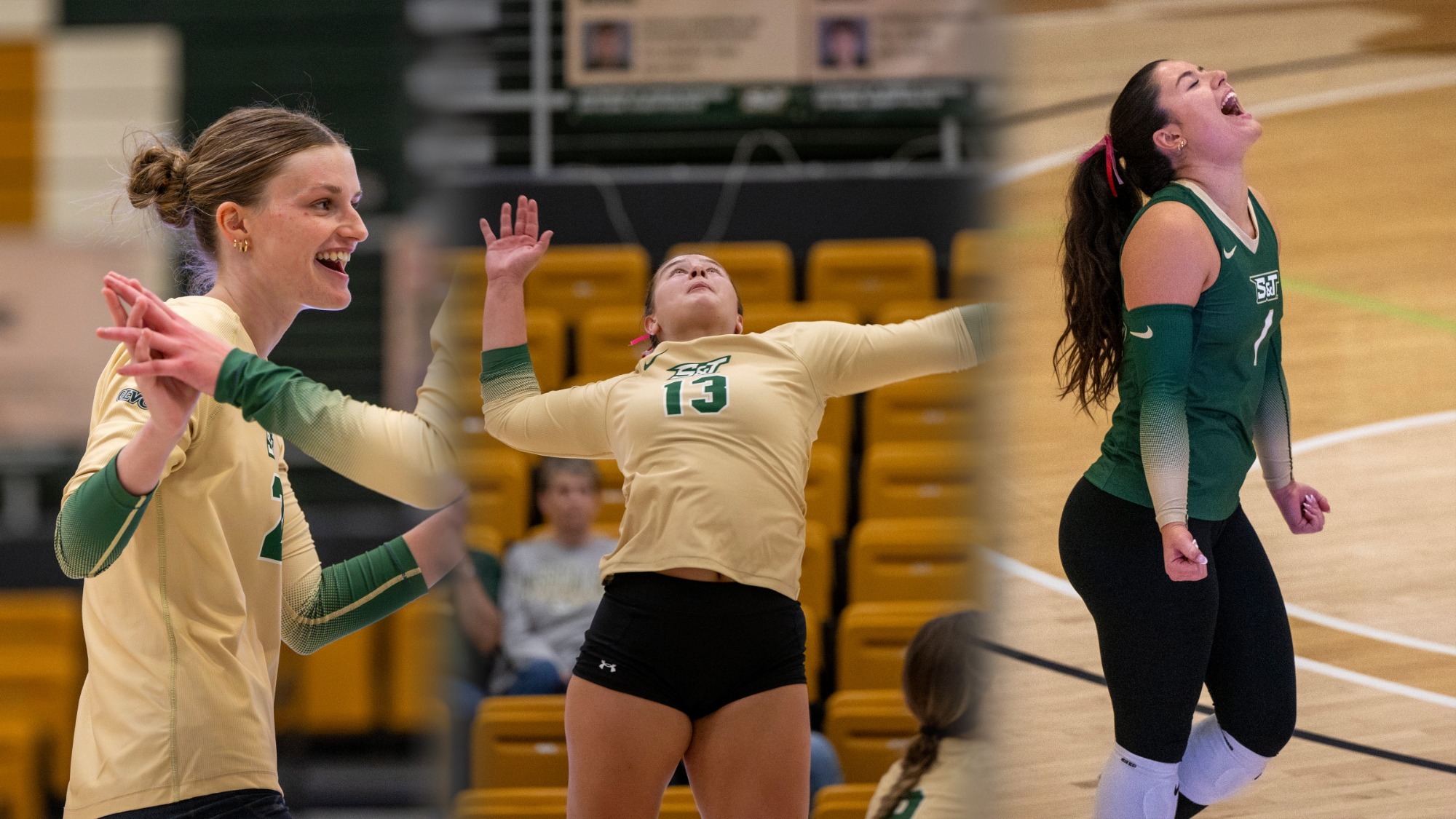 Photo showing three different volleyball players: one smiling and high-fiving a team mate, one jumping up to swing overhead at a ball, and one throwing her head back and yelling in excitement