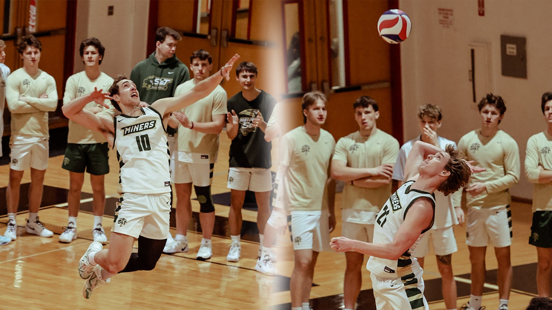 A photo split down the middle with Missouri S&T men's volleyball athlete Nate Meyer wearing white on the left jumping for serve a ball and Grant Edmonds wearing white on the right looking up at a ball as he is about to serve