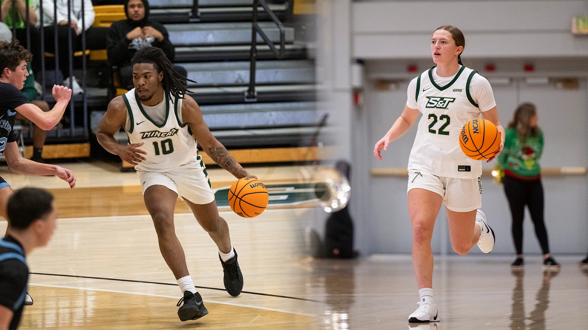 Dual pic... one of missouri S&T men's basketball player Cam Stovall wearing white jersey and dribbling the ball and and one of missouri S&T women's basketball player Dee Benassi wearing white jersey and dribbling the basketball... both pics take place in gibson arena during a home game