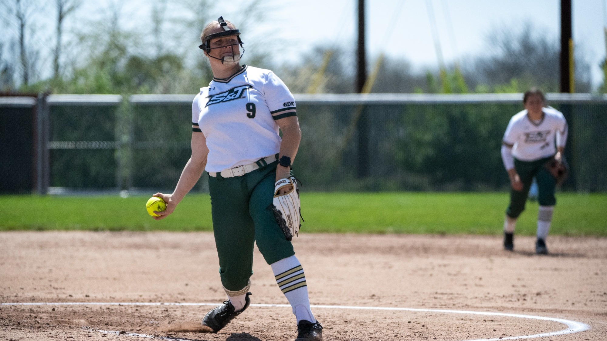Missouri S&T pitcher Mia Miller mid-pitch during a softball game