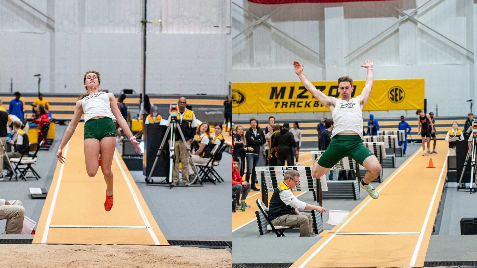 Pictured on the left is Missouri S&T Maya Wright mid jump competing in long jump and on the right is Missouri S&T Otto Knittel mid jump competing in long jump.