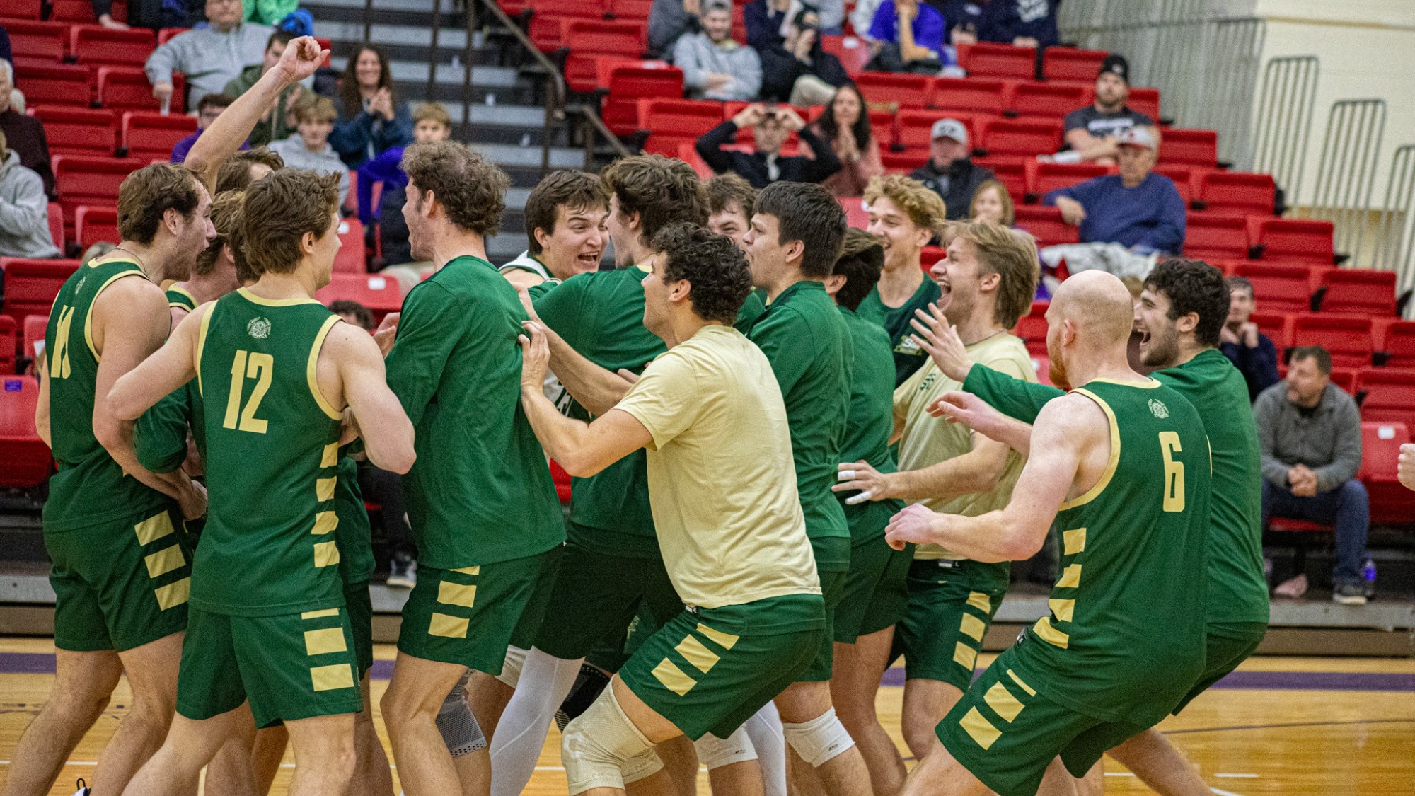 Members of the Missouri S&T men’s volleyball team celebrate together on the court following a point or match conclusion. The players, wearing green jerseys with gold accents and matching shorts, gather in a tight group, cheering, smiling, and raising their arms in excitement. Some players face inward toward teammates while others turn outward, capturing the energy of the moment. The scene takes place inside an indoor gymnasium with red bleacher seating in the background, where spectators are visible watching and reacting to the celebration.