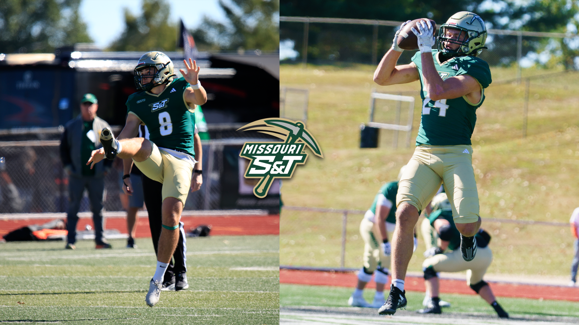 Missouri S&T football player No. 8 punts the ball during a game, while a second image shows the Miners player No. 4 leaping to catch a football with both hands. The two action photos are displayed side by side with the Missouri S&T Miners logo centered between them. Both players wear green jerseys, gold pants and gold helmets.