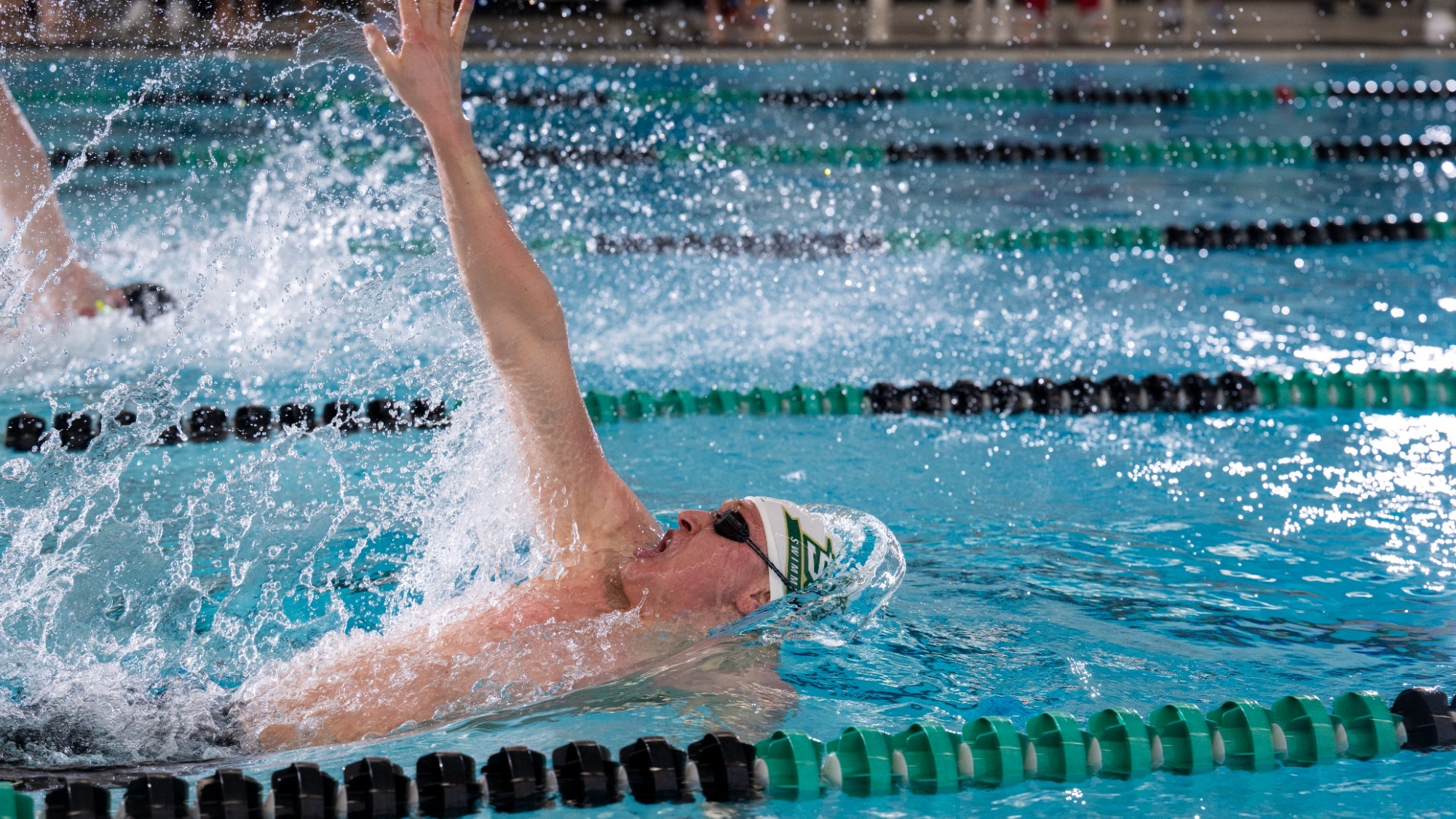 Missouri S&T swimmer Oskar Fridsell wearing a white swim cap with a Missouri S&T logo on it while doing a backstroke in the S&T pool during a home meet. Lane lines are visible on either side of him. 