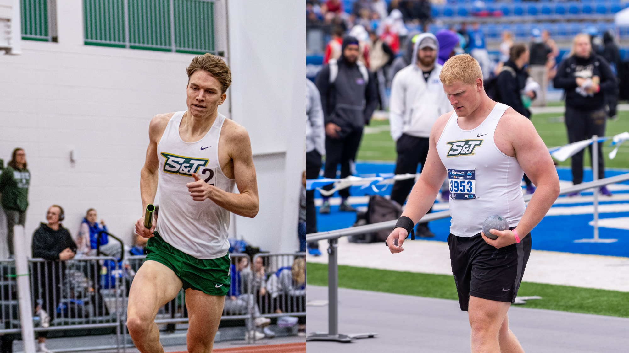 Split Image: Missouri S&T runner Henry Born pictured on the left running the Distance Medley Relay & Owen Fraser on the right getting ready to compete in Shot Put.