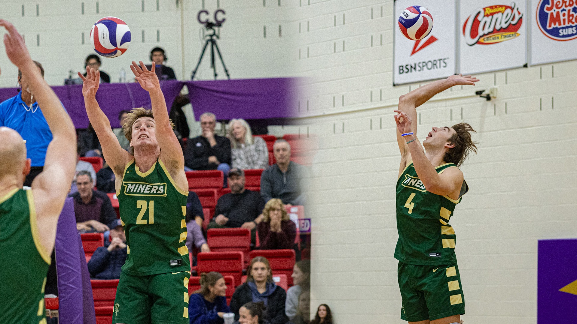 A composite image featuring two Missouri S&T Miners men's volleyball players in green and gold uniforms during a match. On the left, Grant Edmonds (#21) is captured in a front-facing view, jumping with both arms extended upward to set a red, white, and blue volleyball. On the right, Tyler Johnwick (#4) is shown from a side profile, leaping to serve or attack the ball with his right arm fully extended. The background shows a gymnasium with spectators in red seating and sponsor banners