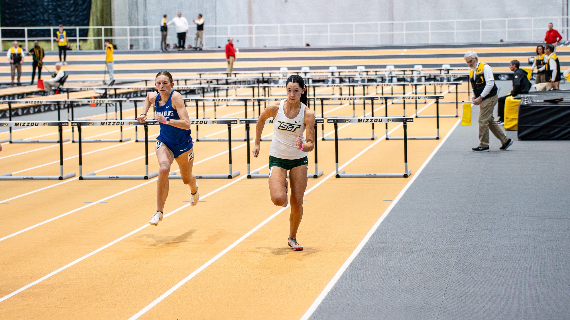 Missouri S&T pentathlon competitor Lauryn Fenoglio running in the 60m Hurdles at the Show Me ShowDown at Mizzou.