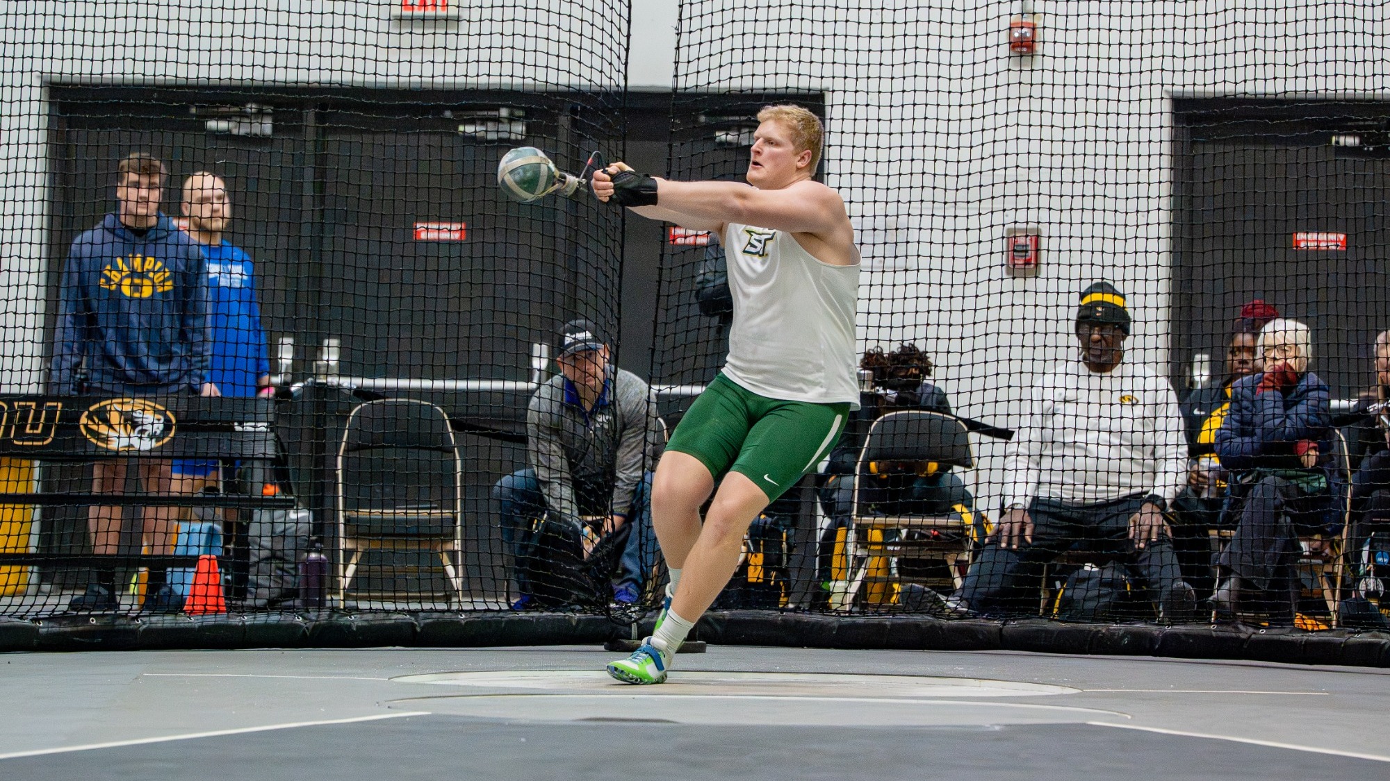 Missouri S&T thrower Owen Fraser is captured mid-rotation while competing in the weight throw during the Show-Me Showdown at Mizzou.
