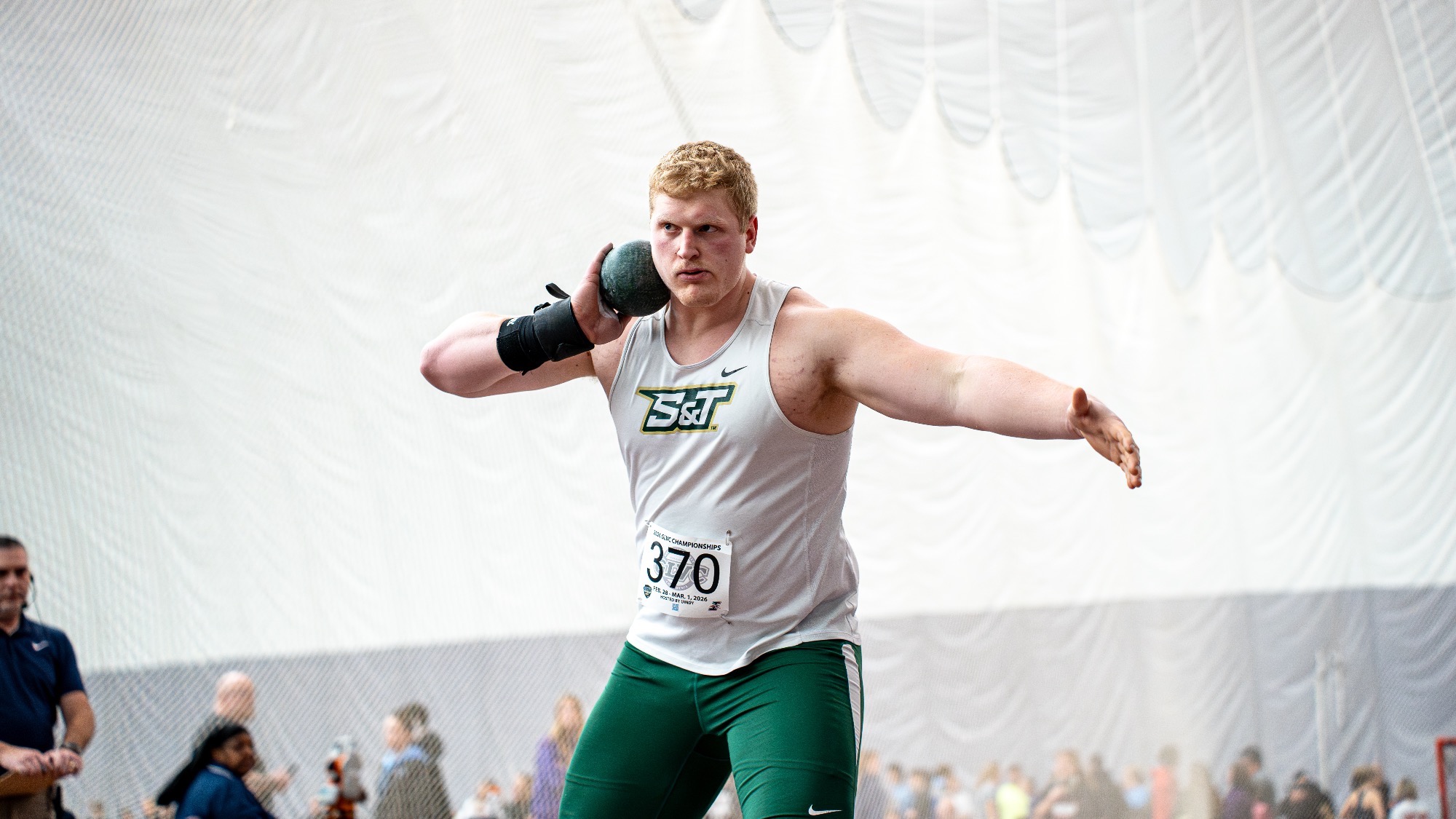 Missouri S&T thrower Owen Fraser competing in shot put at the GLVC Indoor Championships at the University of Indianapolis.