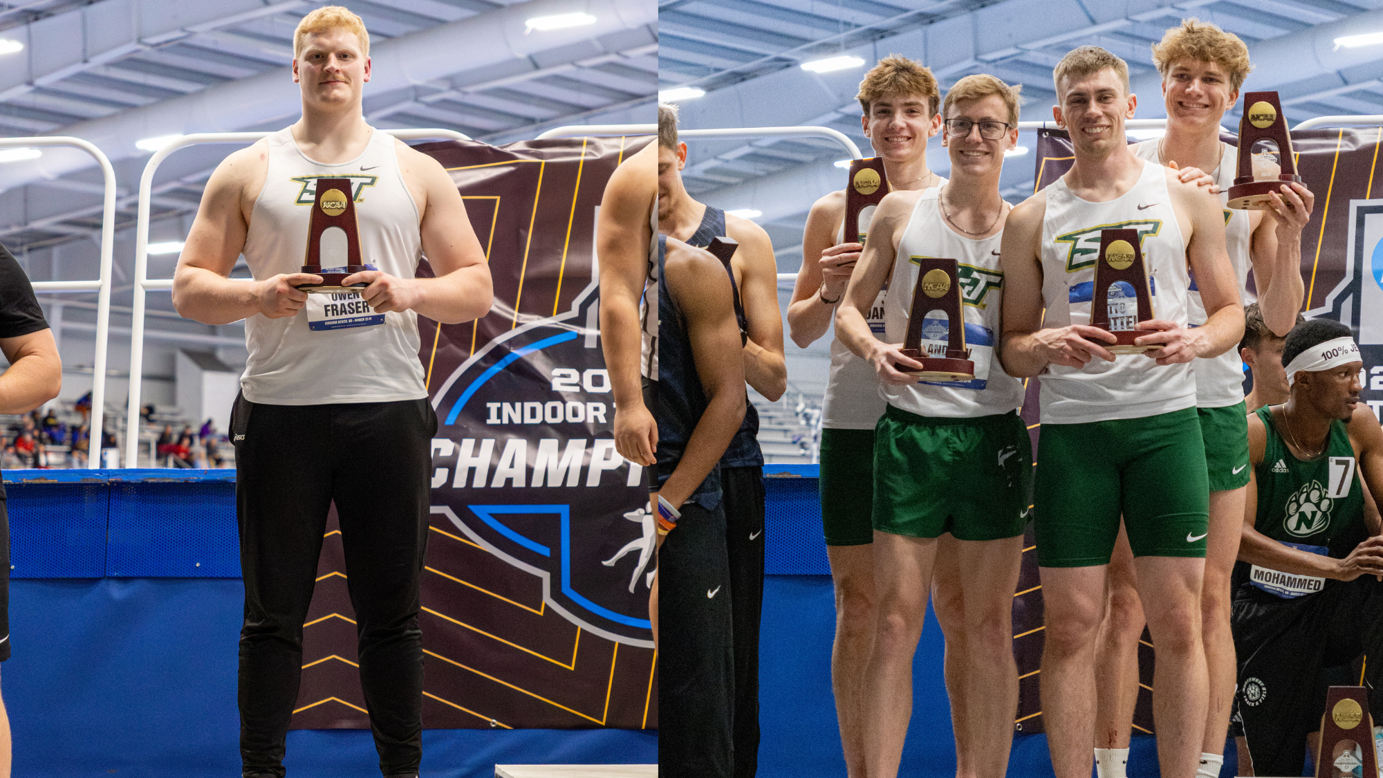 Left Side: Pictured Thrower Owen Fraser on the podium at NCAA Championships earning sixth place in weight throw. Right Side: Pictured Andrew Bacon, Otto Knittel, Jack Janovick, and Henry Born on the podium winning sixth in the Distance Medley Relay at the NCAA Championships