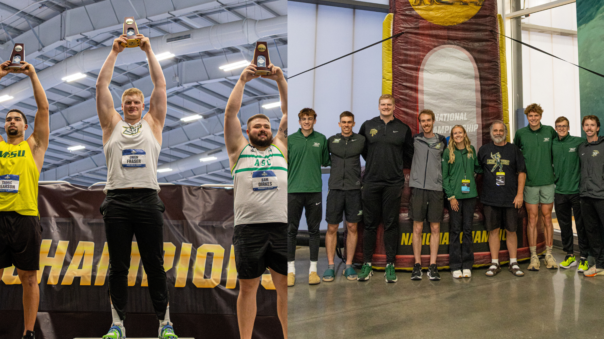Left Pictured: Owen Fraser holding up national champion trophy on podium & Right Pictured: Group photo of everyone in front of NCAA Trophy