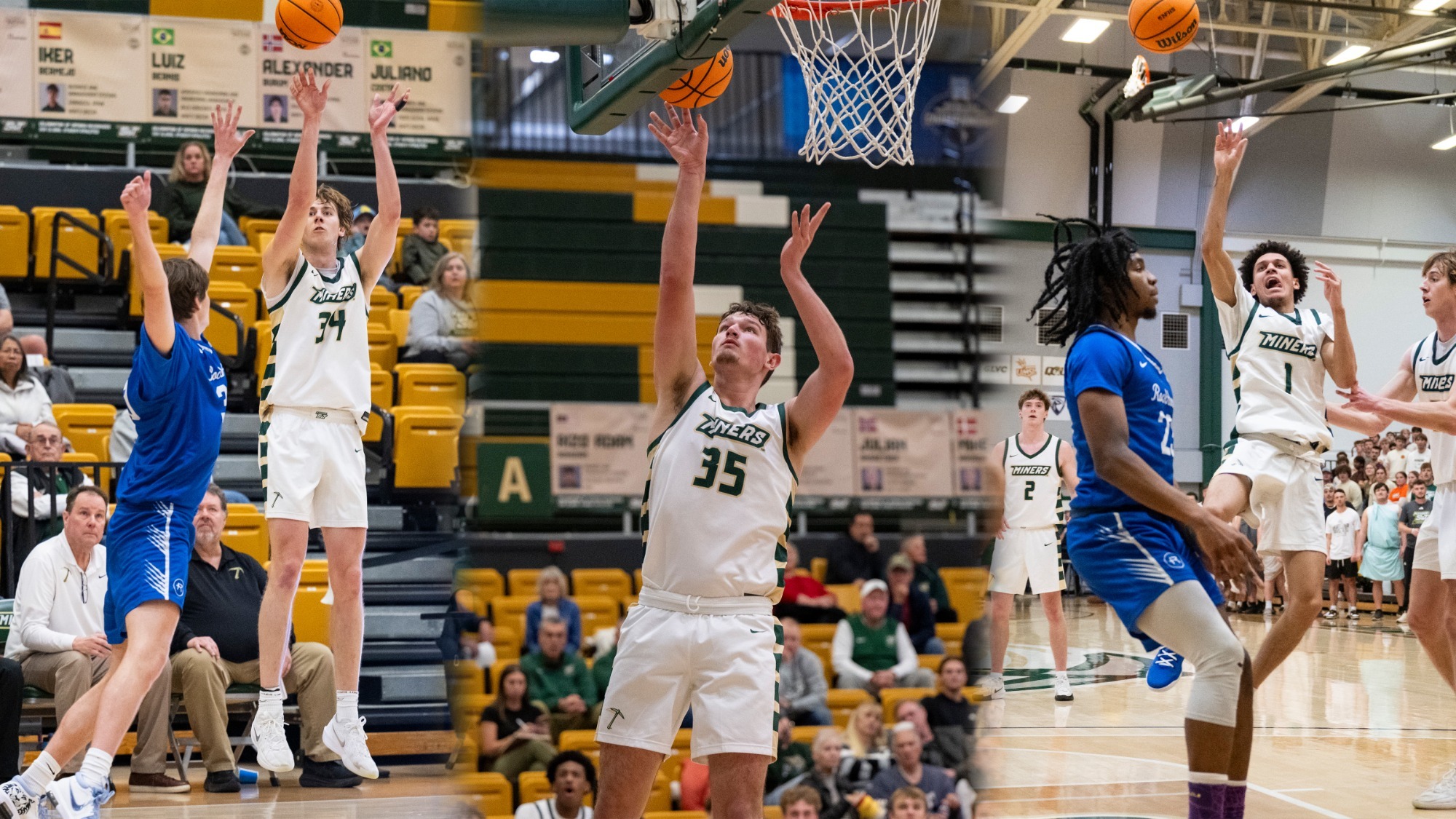 A composite image of three Missouri S&T men’s basketball players in white uniforms during game action. On the left, Andrew Young is photographed jumping with both arms extended upward as he contests a shot by an opposing player in a blue jersey. In the center, Zac Brown is photographed under the basket with his arms raised, tracking the ball as it comes off the rim for a rebound. On the right, Blaise Beauchamp is photographed midair near the hoop with one arm extended, attempting a shot while a defender in blue stands nearby. Spectators and team benches are visible in the background of each scene.