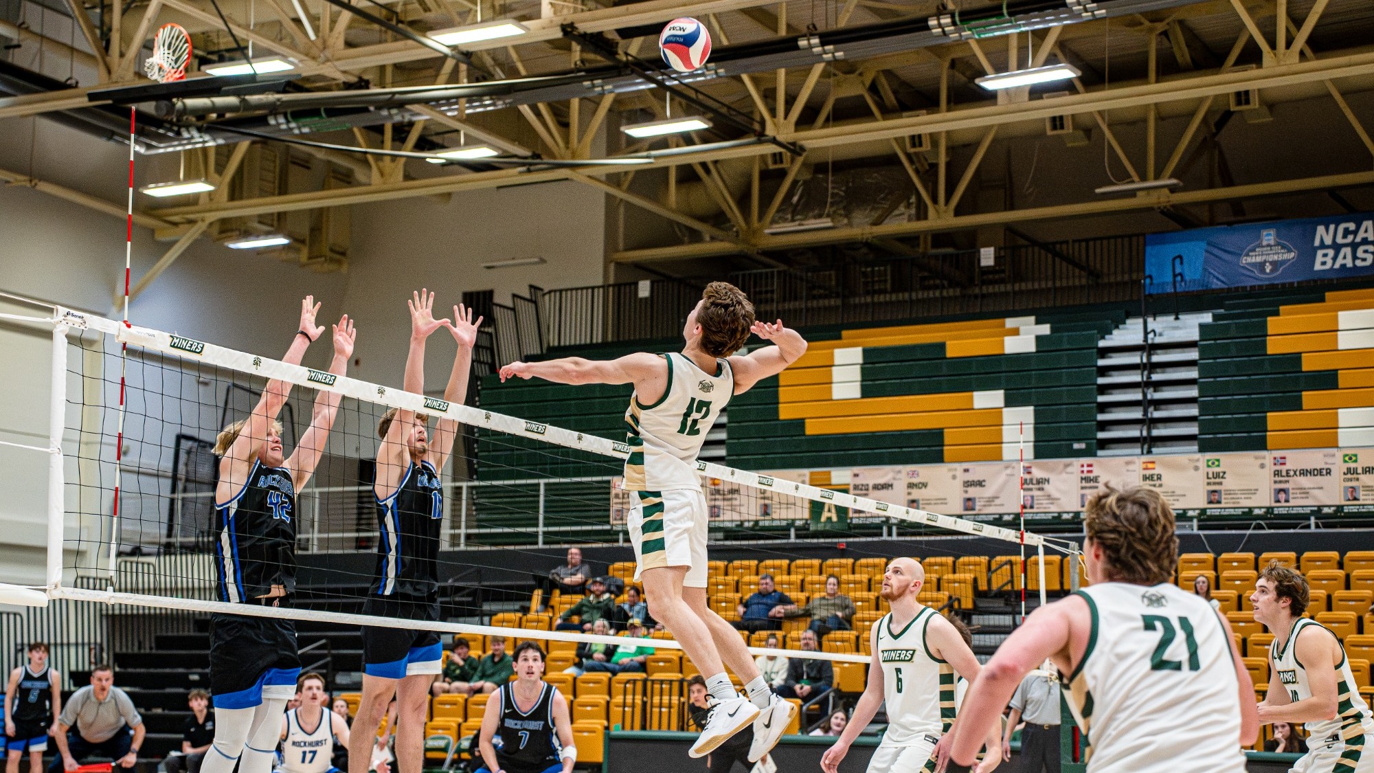 Missouri S&T Men's volleyball athlete Camden Seaver wears a white uniform with green trim and the number 12 on it. He elevates above the net to spike the ball through a double block attempt by two Rockhurst players during a men’s volleyball match inside Gibson Arena, with teammates ready behind the play and spectators seated in the background.