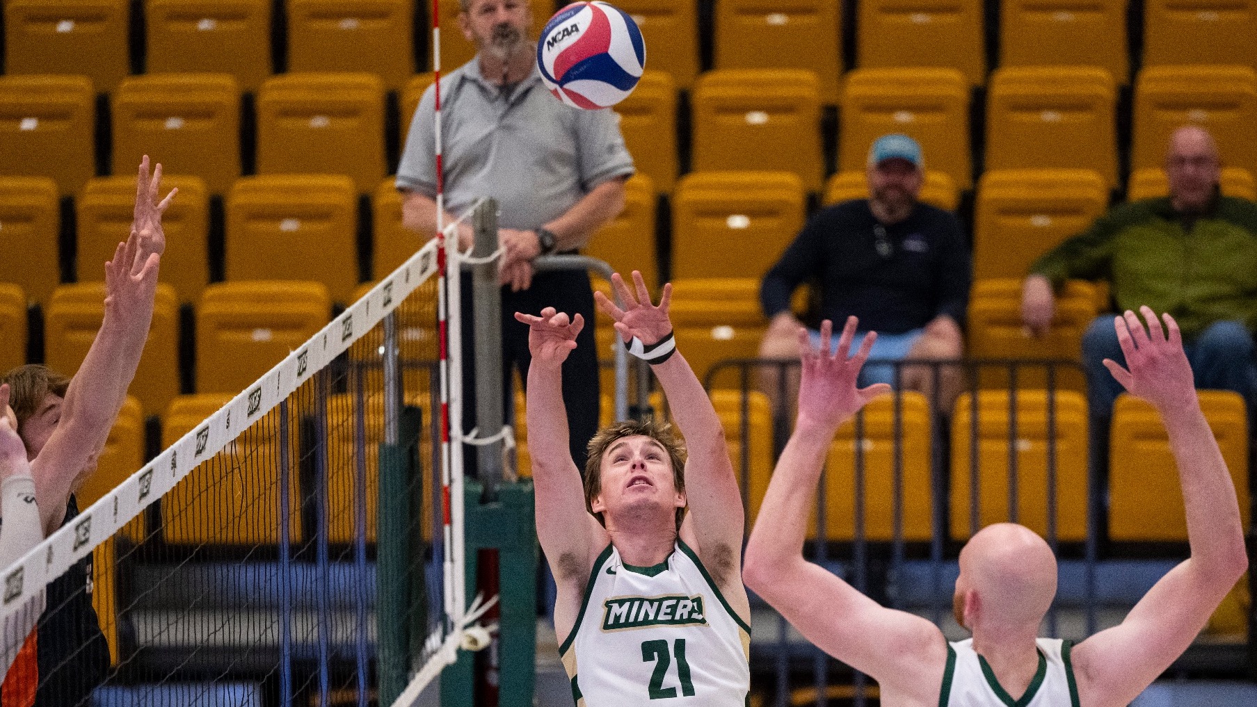 Grant Edmonds, wearing a white Missouri S&T jersey (#21), is photographed jumping at the net with both hands raised as he sets the volleyball for teammate Caleb Rohlwing, who is positioned nearby preparing for an attack. Two opposing players reach up on the other side of the net attempting to block, while a referee stands on the platform and rows of yellow arena seats fill the background.