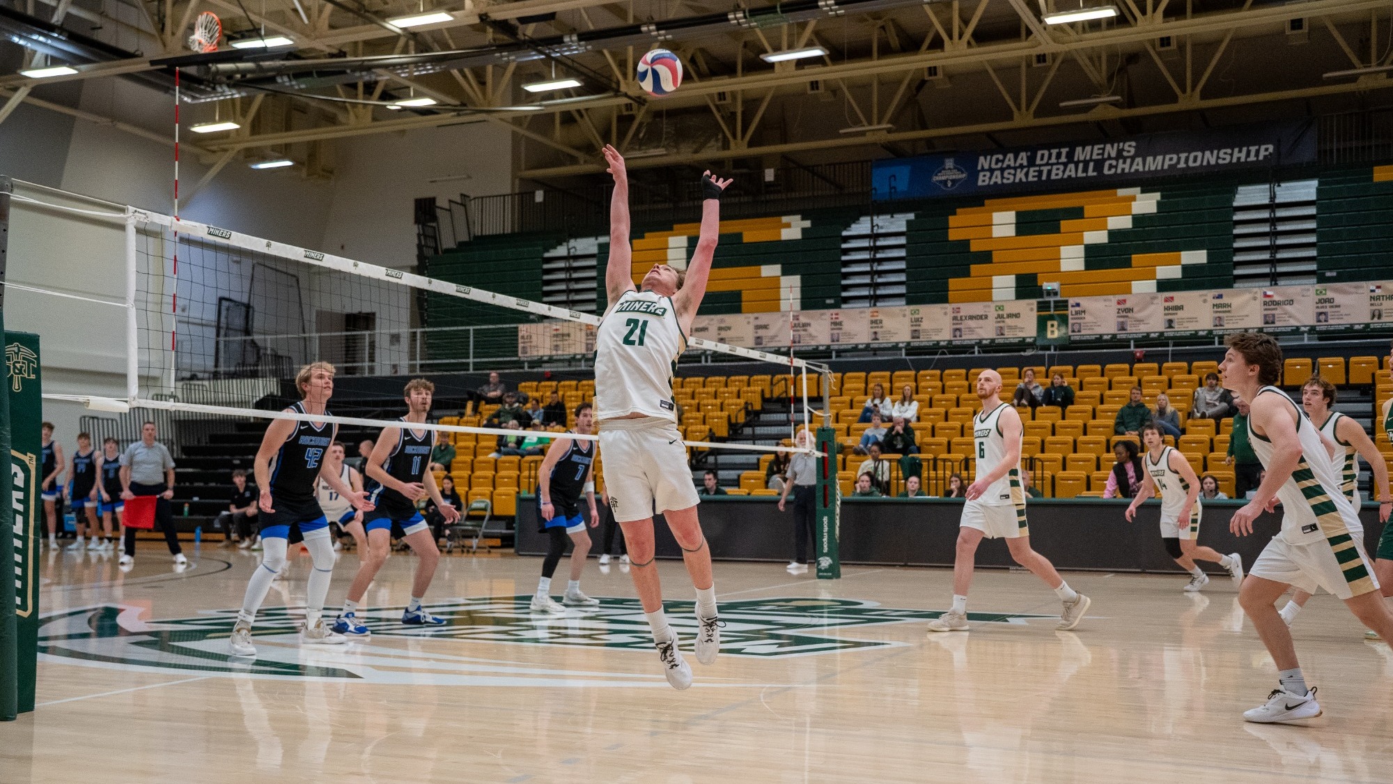Grant Edmonds, wearing a white Missouri S&T Miners men’s volleyball uniform, jumps near the net to set the ball during a match as teammates and opponents prepare around him in the gym
